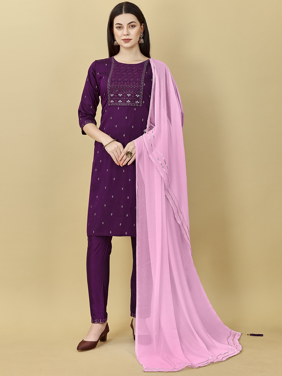 

Sangria Embroidered Round Neck Straight Kurta With Trousers & Dupatta, Purple