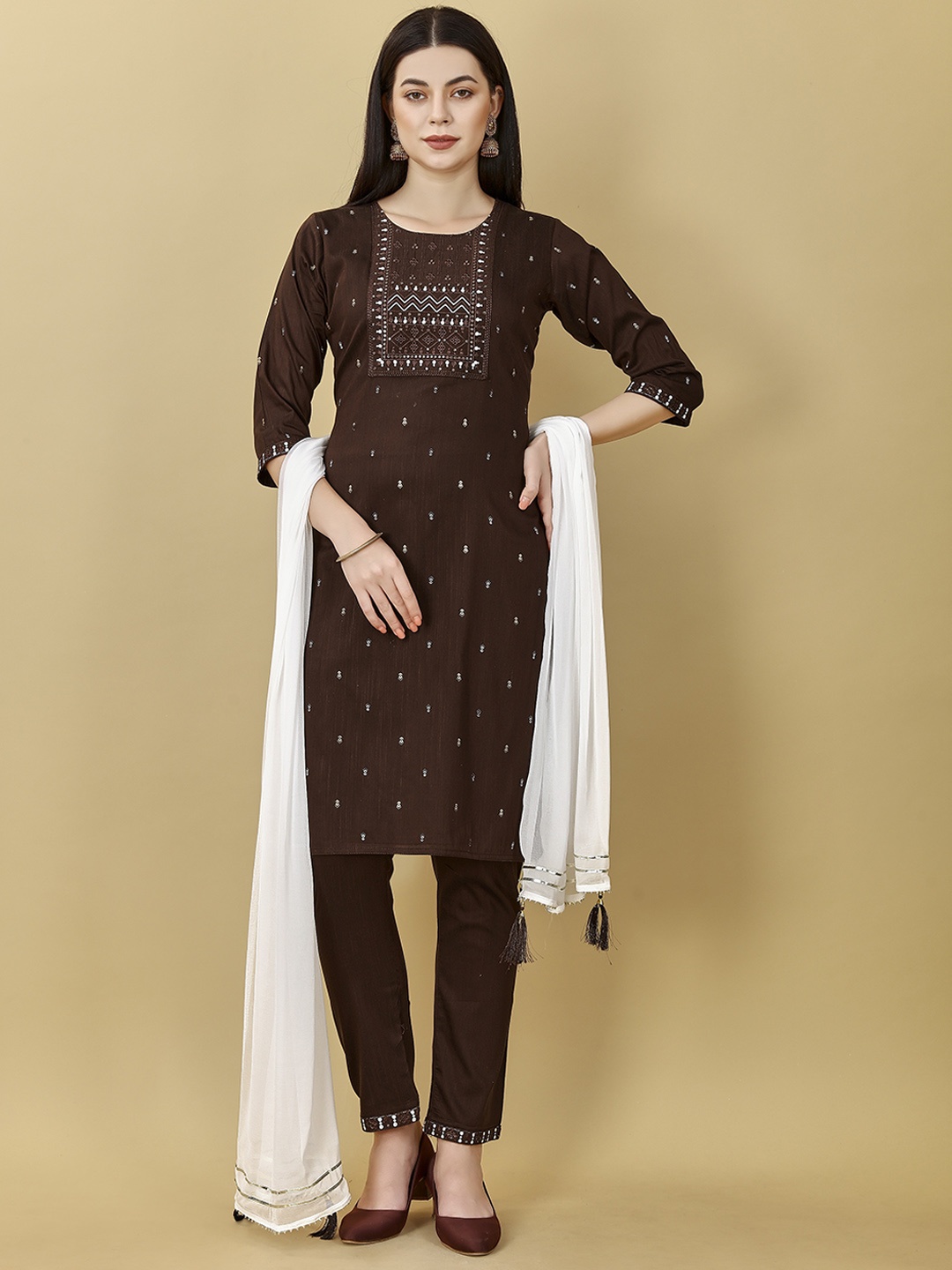 

Sangria Embroidered Round Neck Straight Kurta With Trousers & Dupatta, Brown