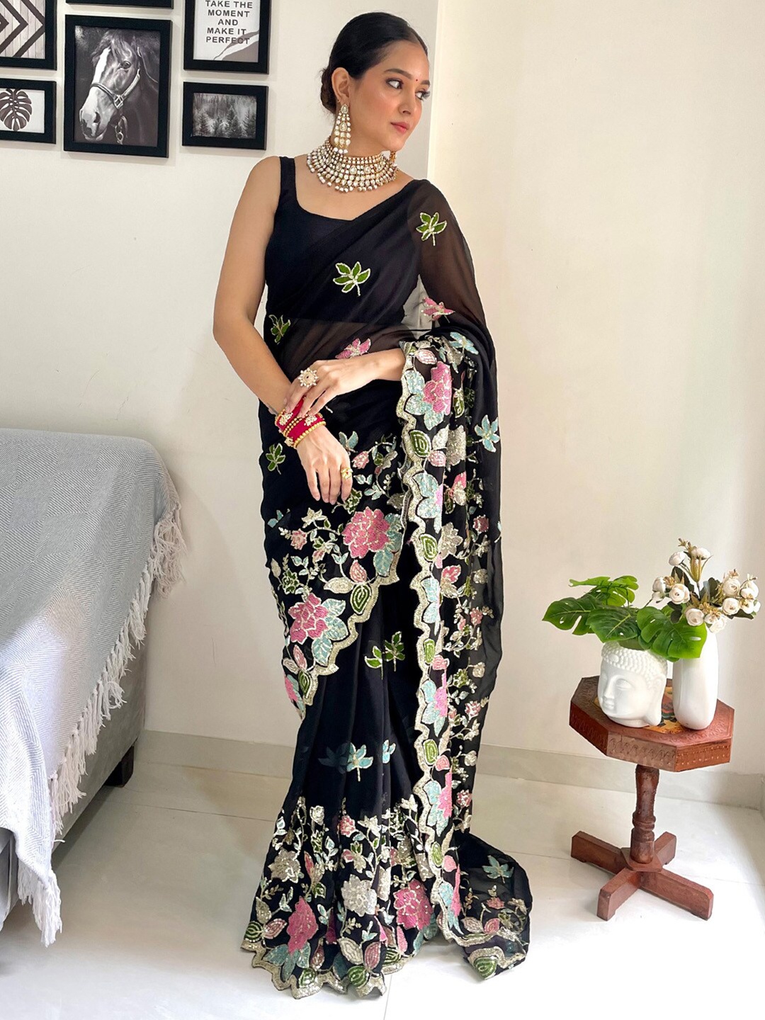 

Anouk Embellished Sequinned Pure Georgette Saree, Black