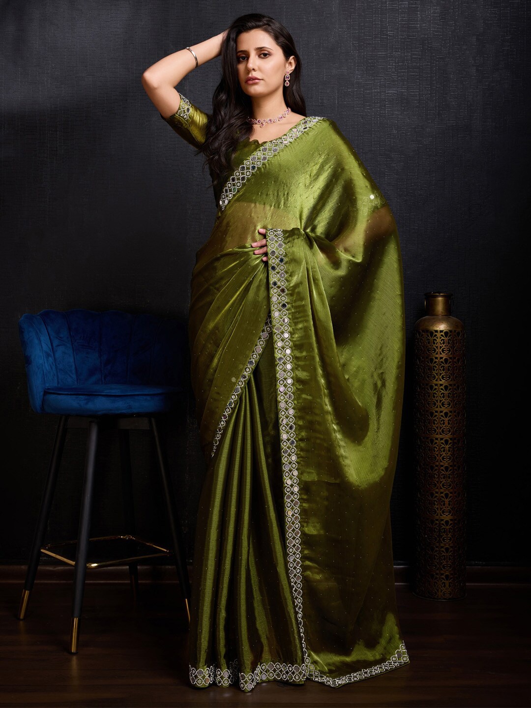 

Anouk Embellished Beads and Stones Organza Saree, Olive