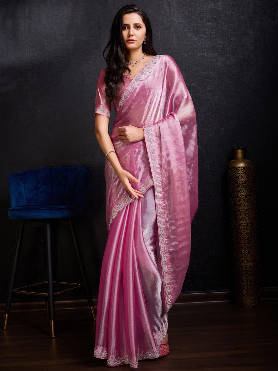 

Anouk Woven Design Embellished Beads and Stones Organza Saree, Pink
