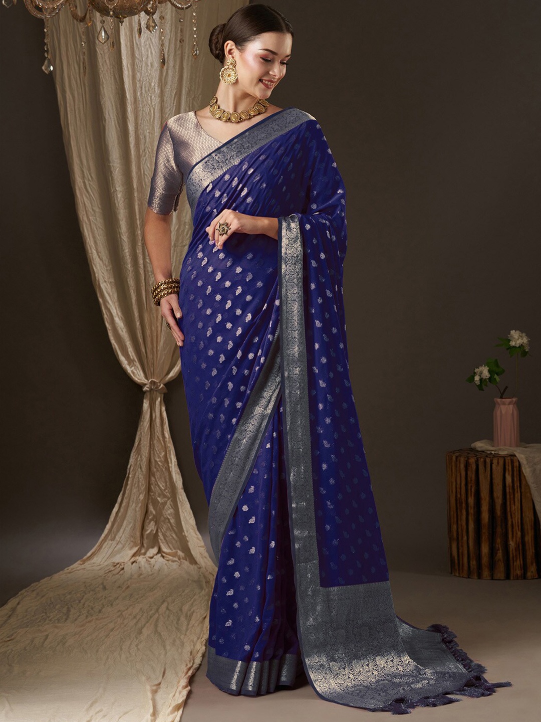 

Anouk Woven Design Zari Pure Georgette Kanjeevaram Saree, Navy blue