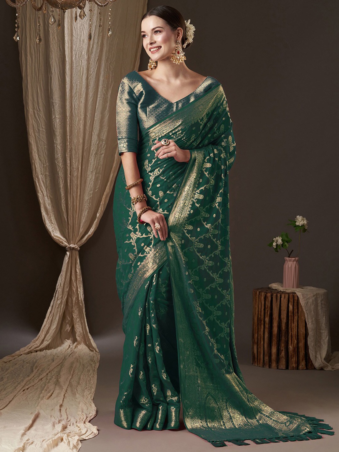 

Anouk Woven Design Ethnic Motifs Zari Pure Georgette Kanjeevaram Saree, Green