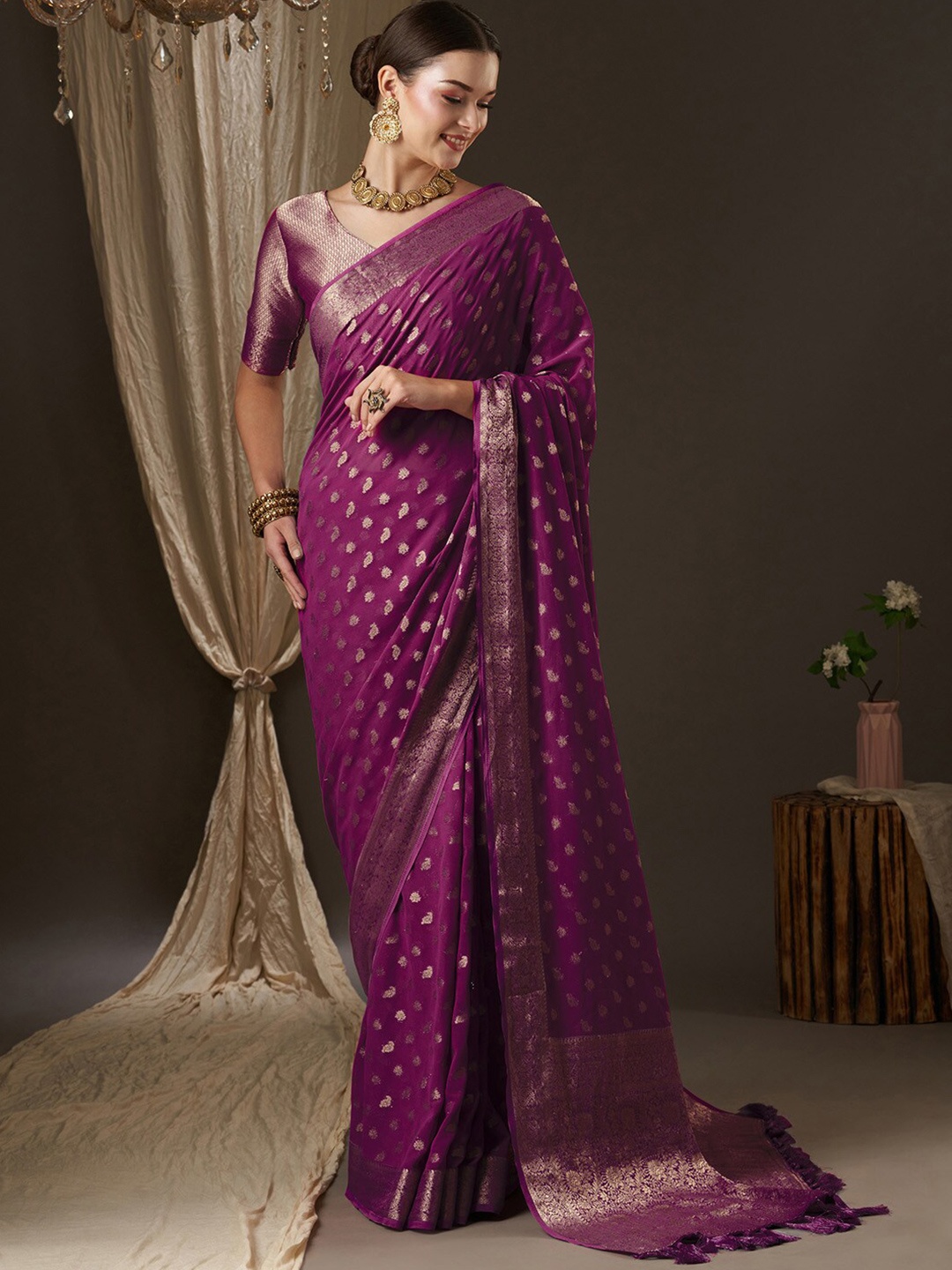 

Anouk Woven Design Ethnic Motifs Zari Pure Georgette Kanjeevaram Saree, Magenta