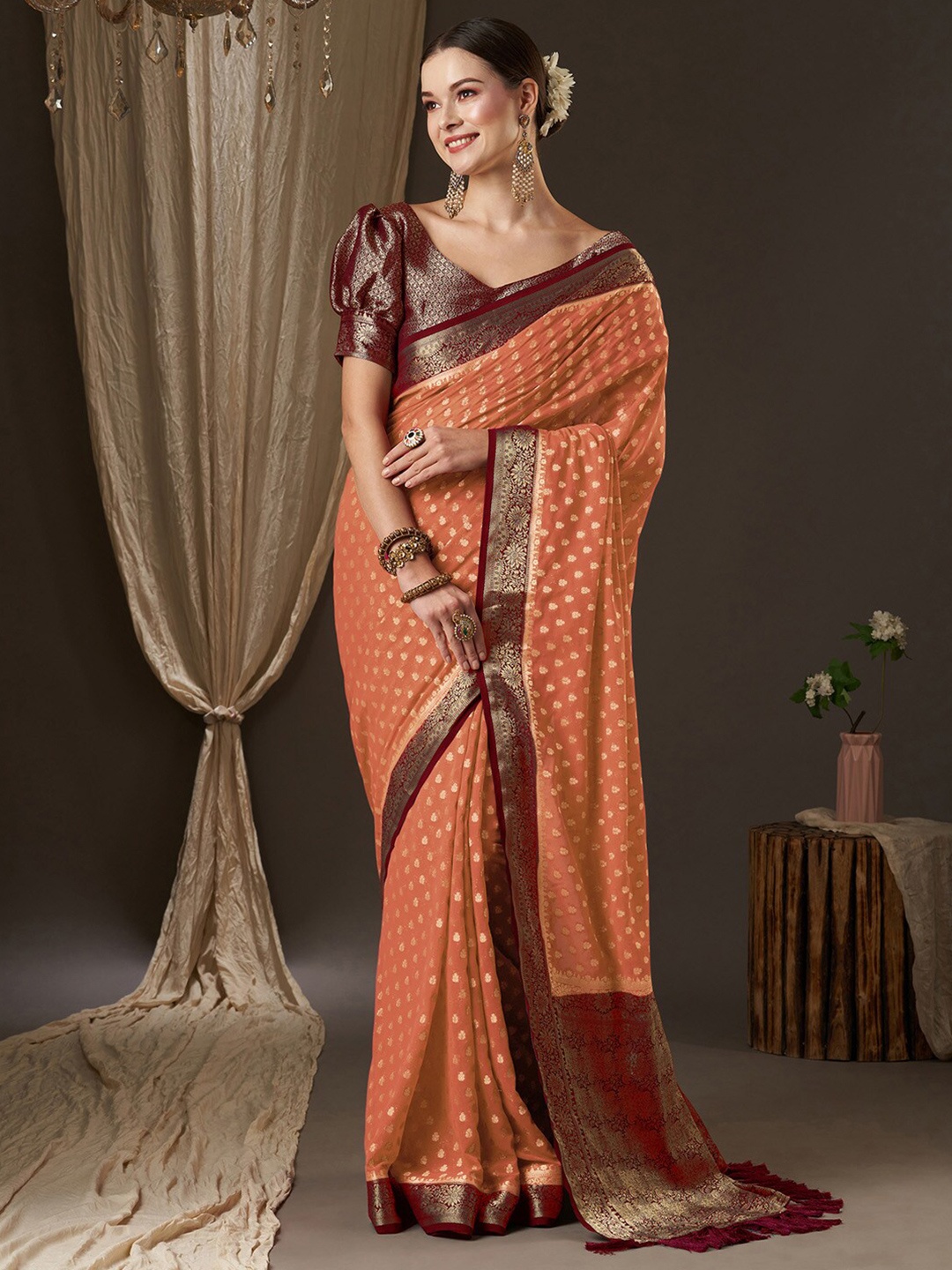 

Anouk Woven Design Zari Pure Georgette Kanjeevaram Saree, Peach