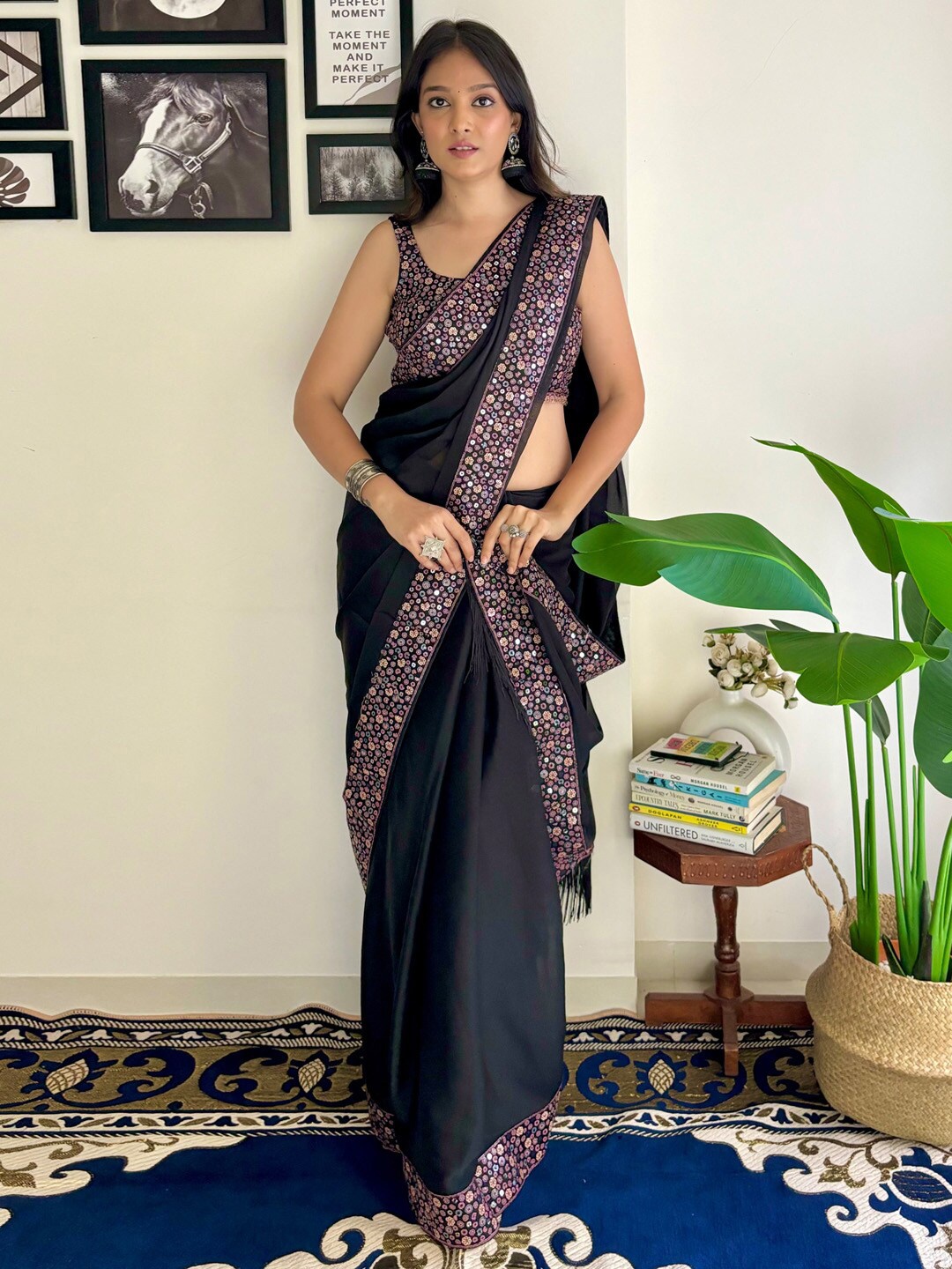

Anouk Sequinned Pure Georgette Saree, Black