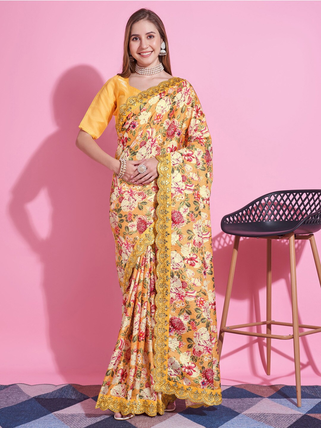 

Anouk Floral Embroidered Saree, Yellow