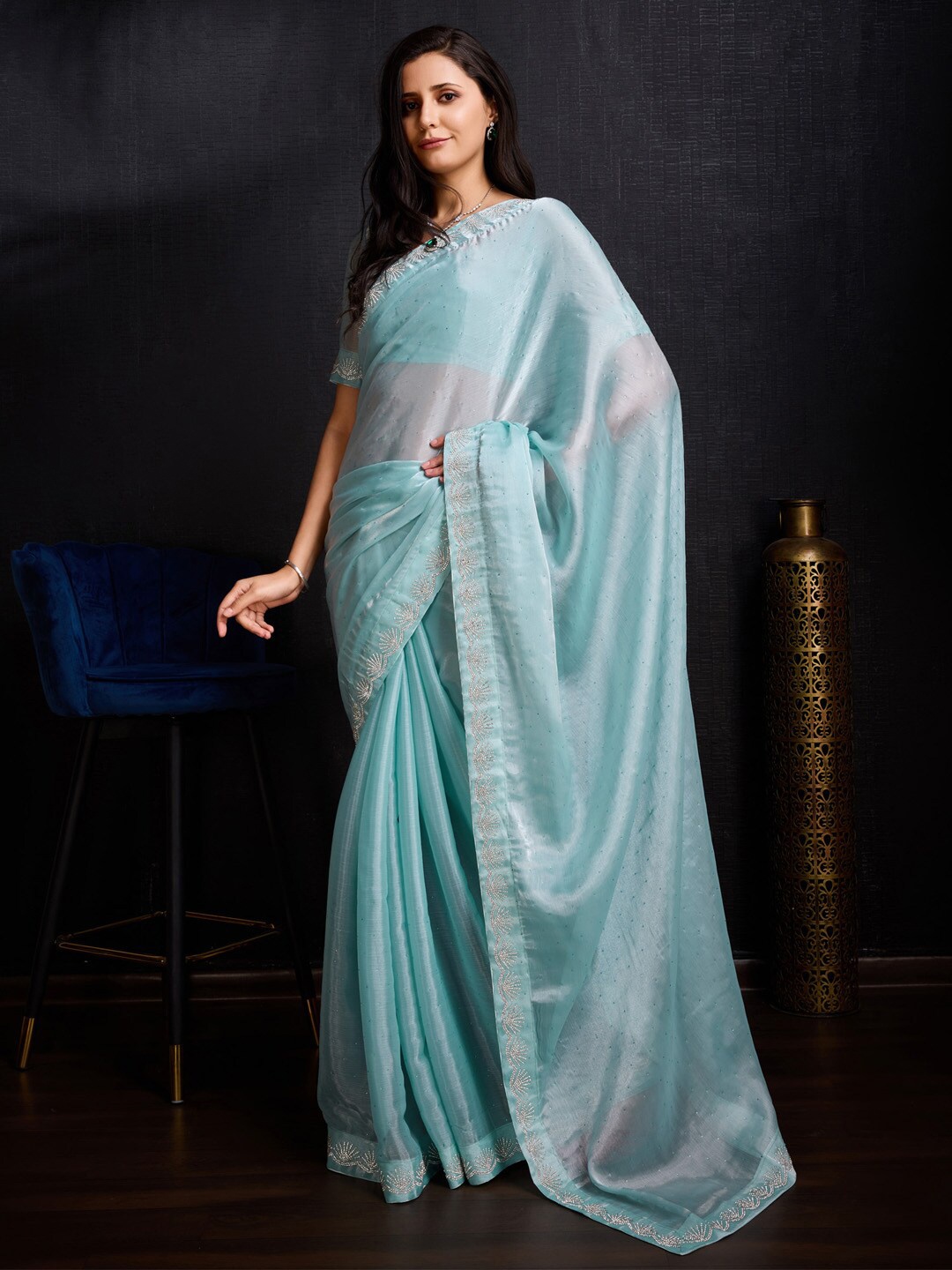 

Anouk Embellished Beads and Stones Organza Saree, Blue