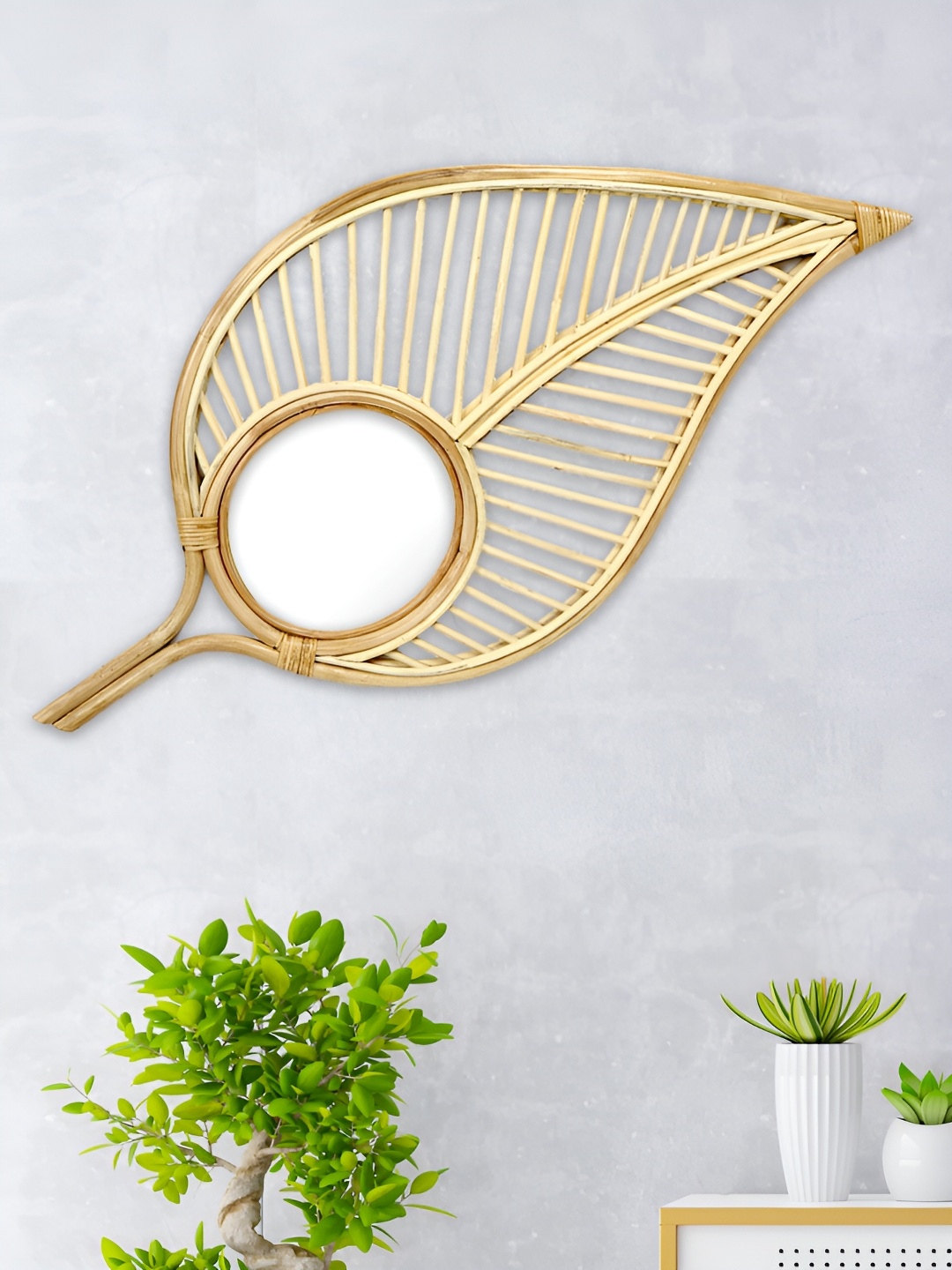 

HABERE INDIA Beige Wall Decor Rattan Mirror