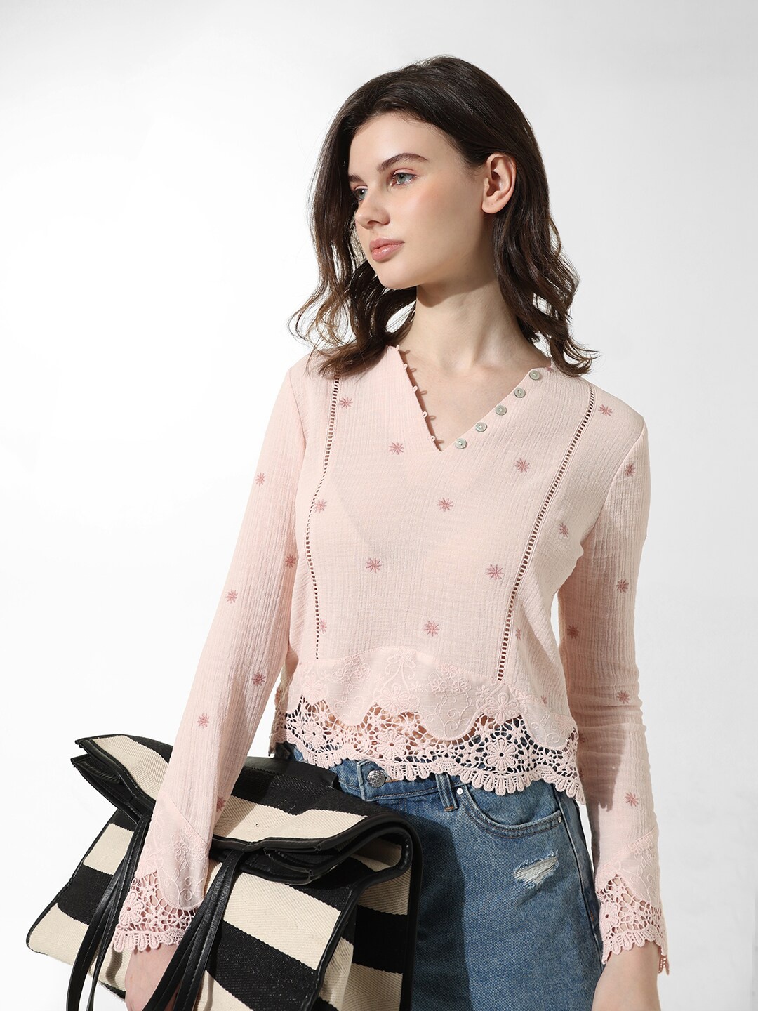 

ONLY Floral Embroidered Lace Inserts Cotton Top, Pink