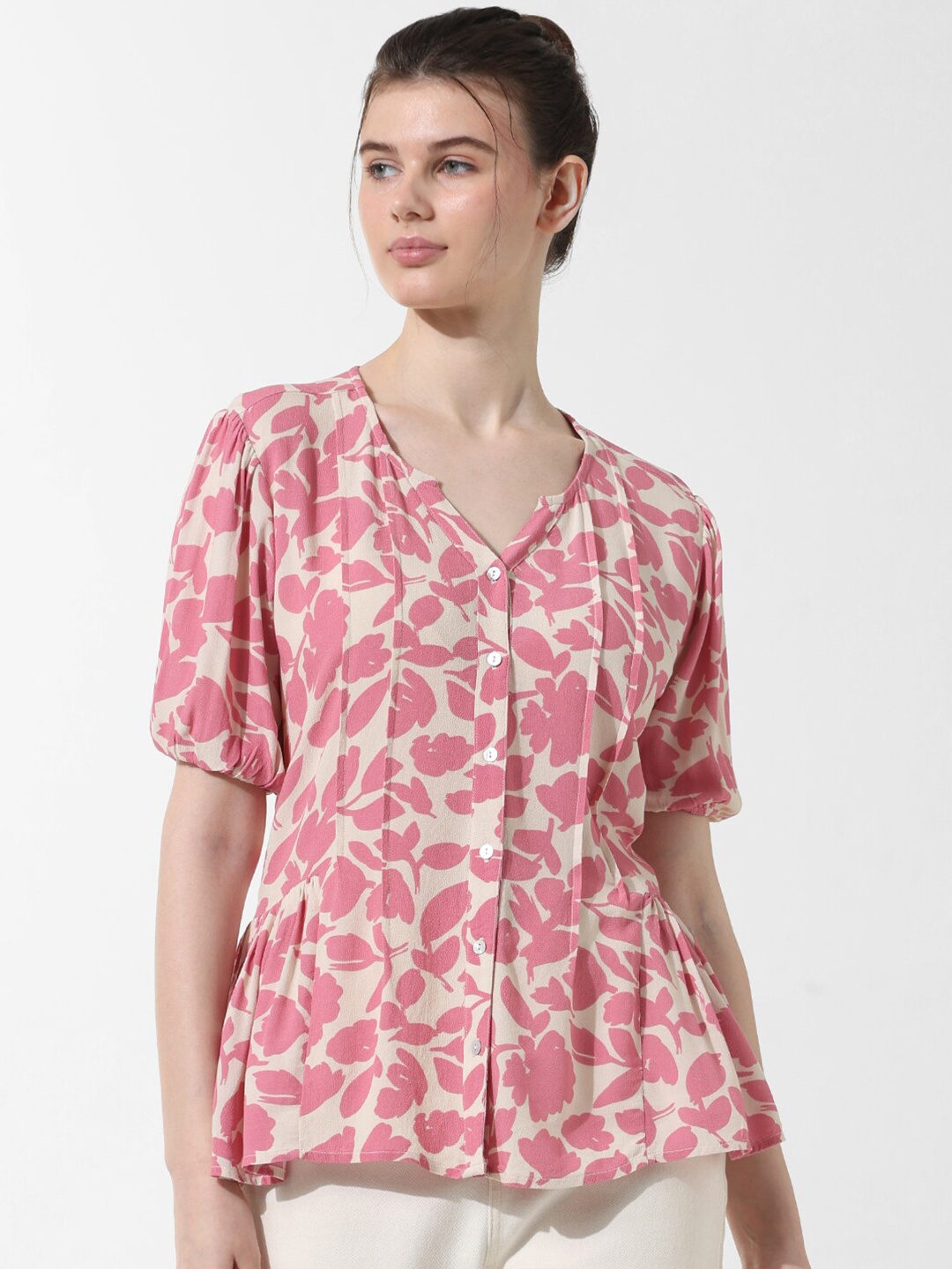 

ONLY Floral Printed Mandarin Collar Puff Sleeves Pleated Shirt Style Top, Pink