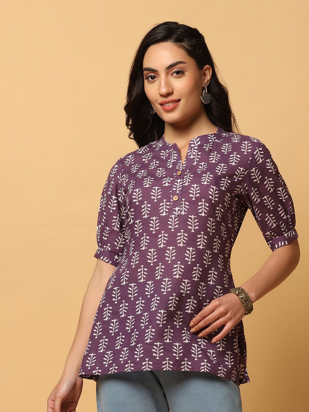 

FASHION DREAM Ethnic Motifs Printed Mandarin Collar Cotton Top, Purple