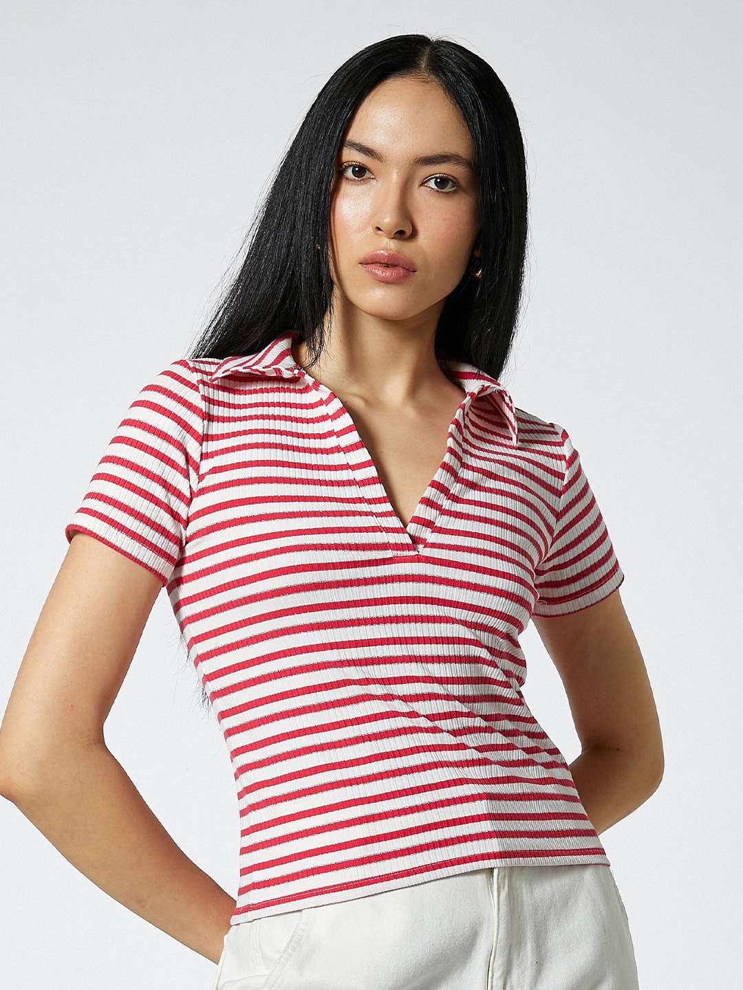 

Koton Striped Polo Collar Slim Fit T-shirt, Red
