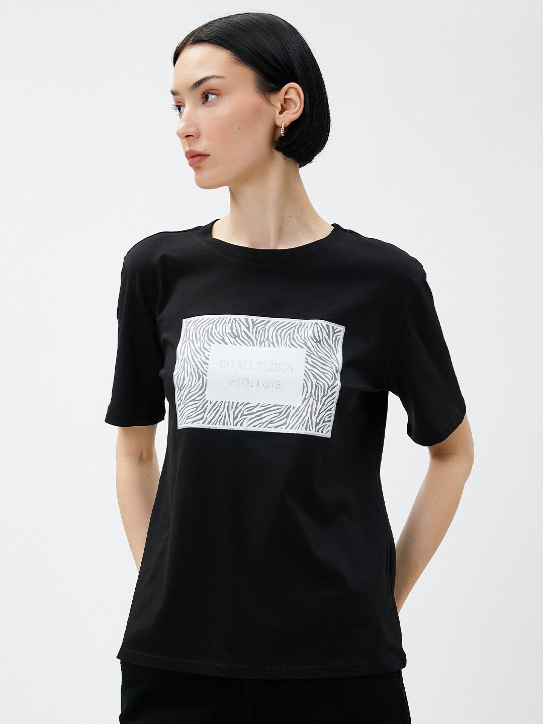 

Koton Round Neck Typography Printed Cotton T-shirt, Black