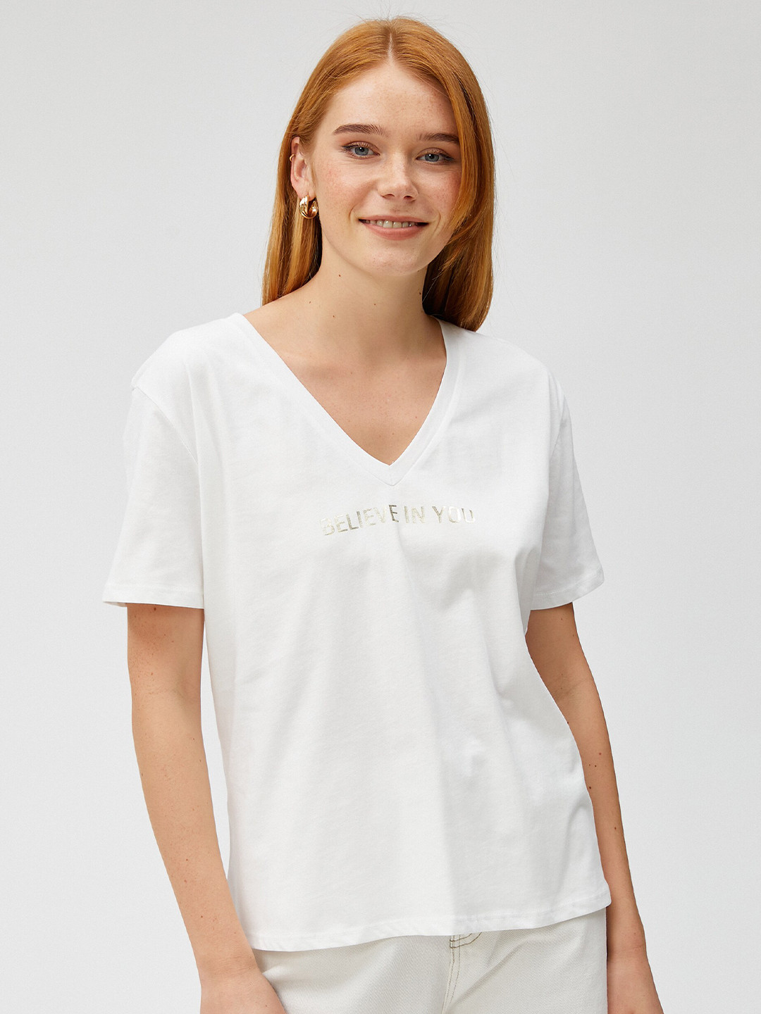 

Koton Typography Printed V-Neck Cotton T-shirt, White