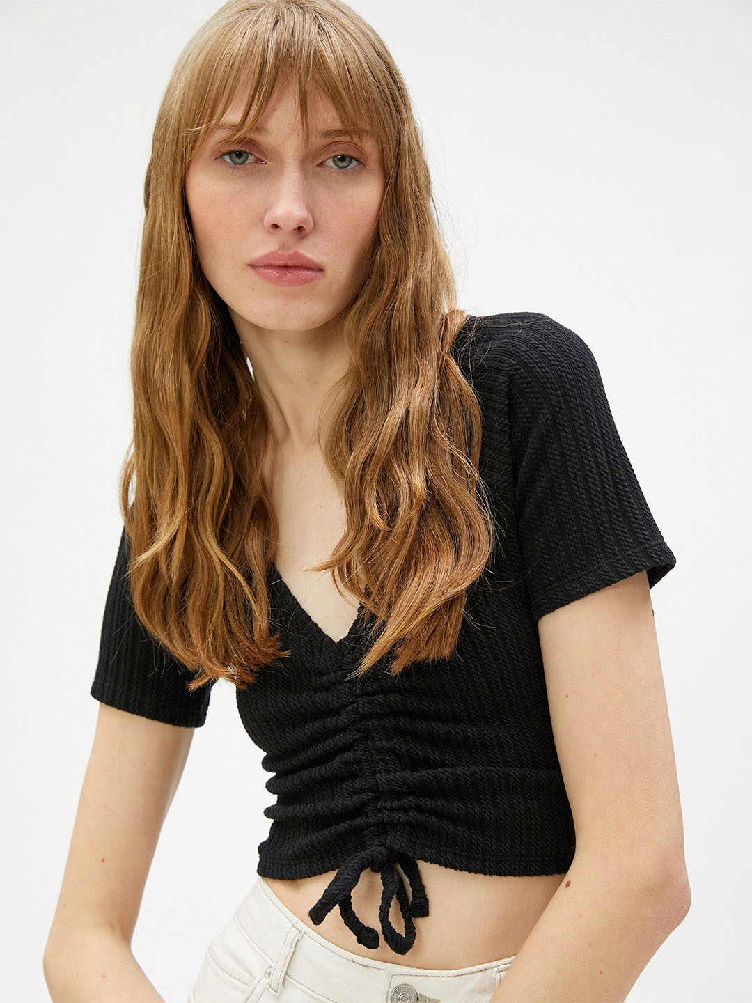 

Koton Self Design V-Neck Raglan Sleeves Gathered Crop Tops, Black