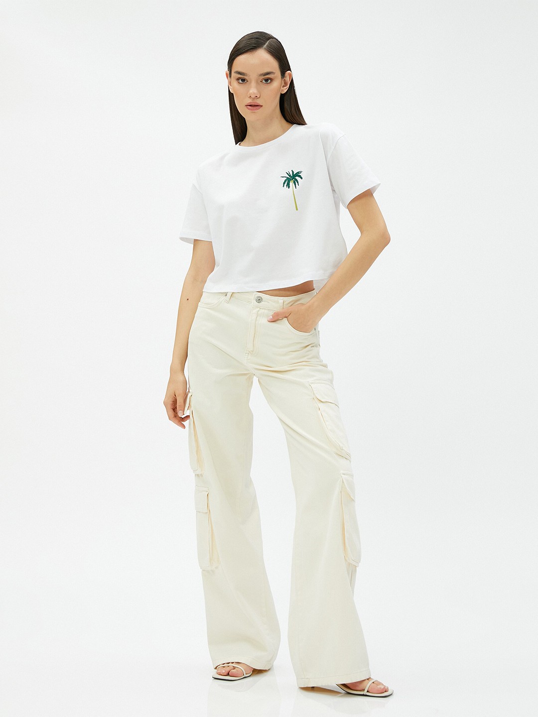 

Koton Embroidered Drop-Shoulder Sleeves Cotton T-shirt, White
