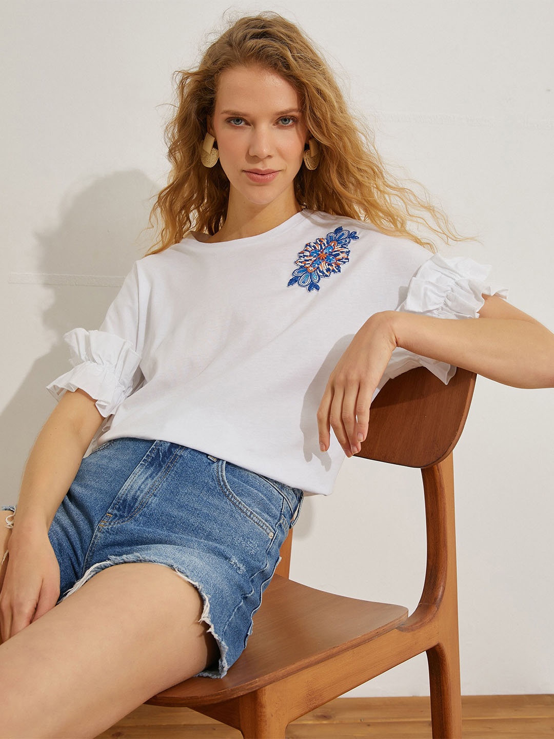 

Koton Round Neck Flutter Sleeves Embroidered Cotton Top, White