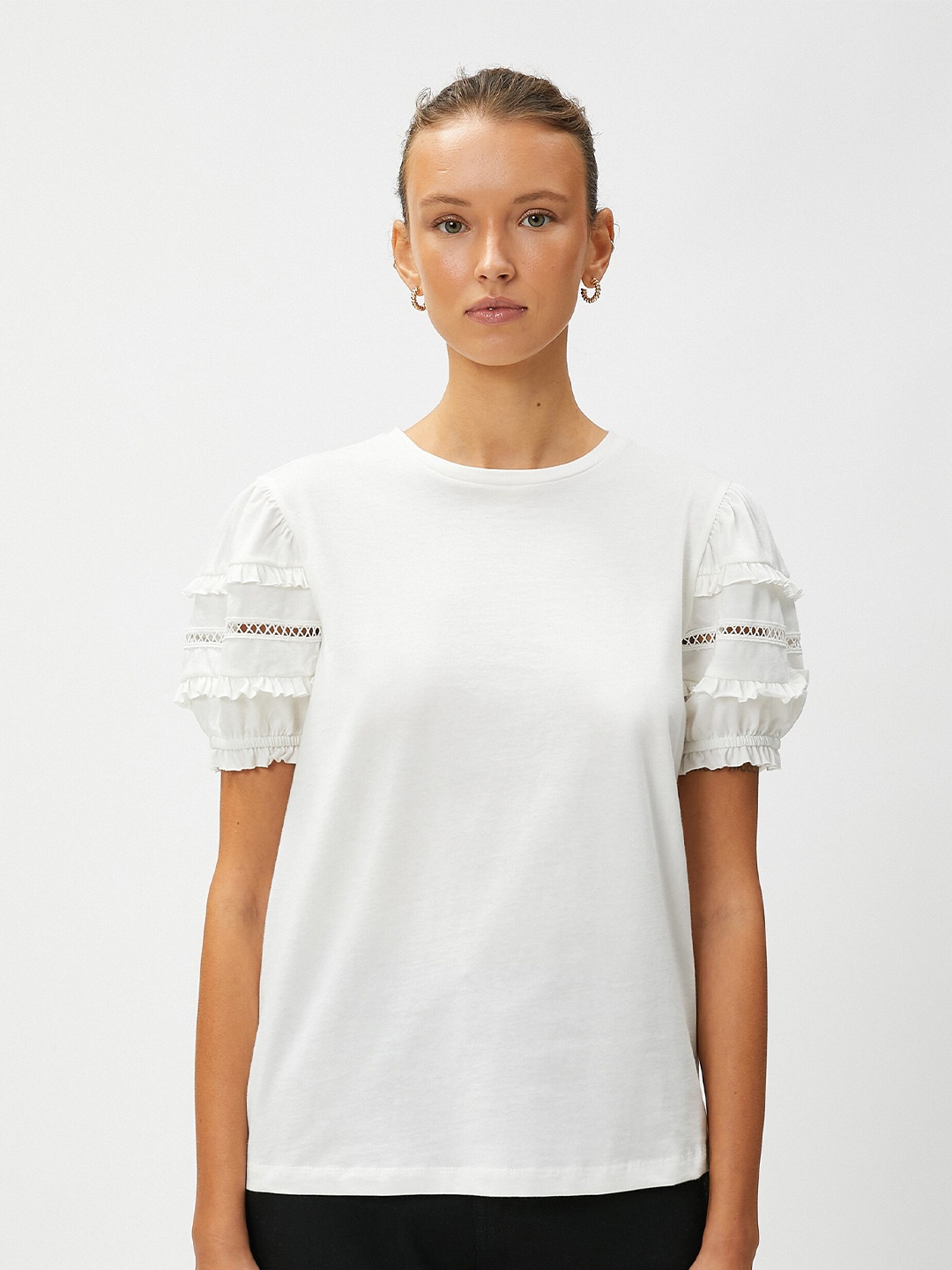 

Koton Puff Sleeves Schiffli Detail Pure Cotton Top, White