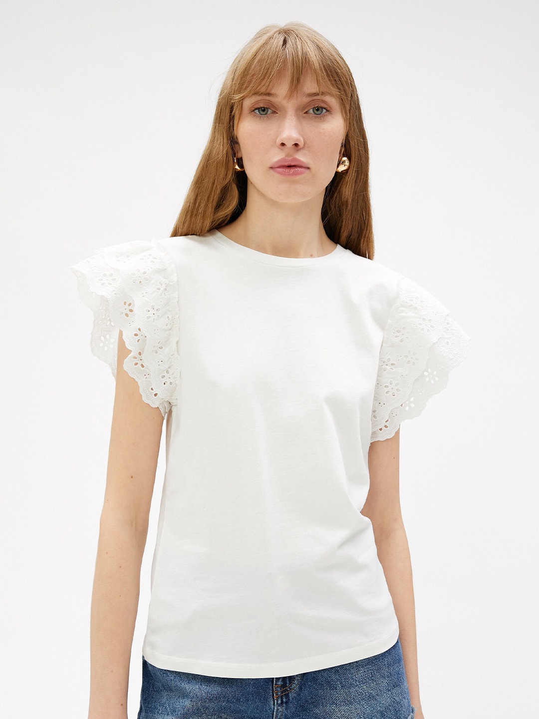 

Koton Cotton Round Neck Puff Sleeves Knitted T-shirt, White