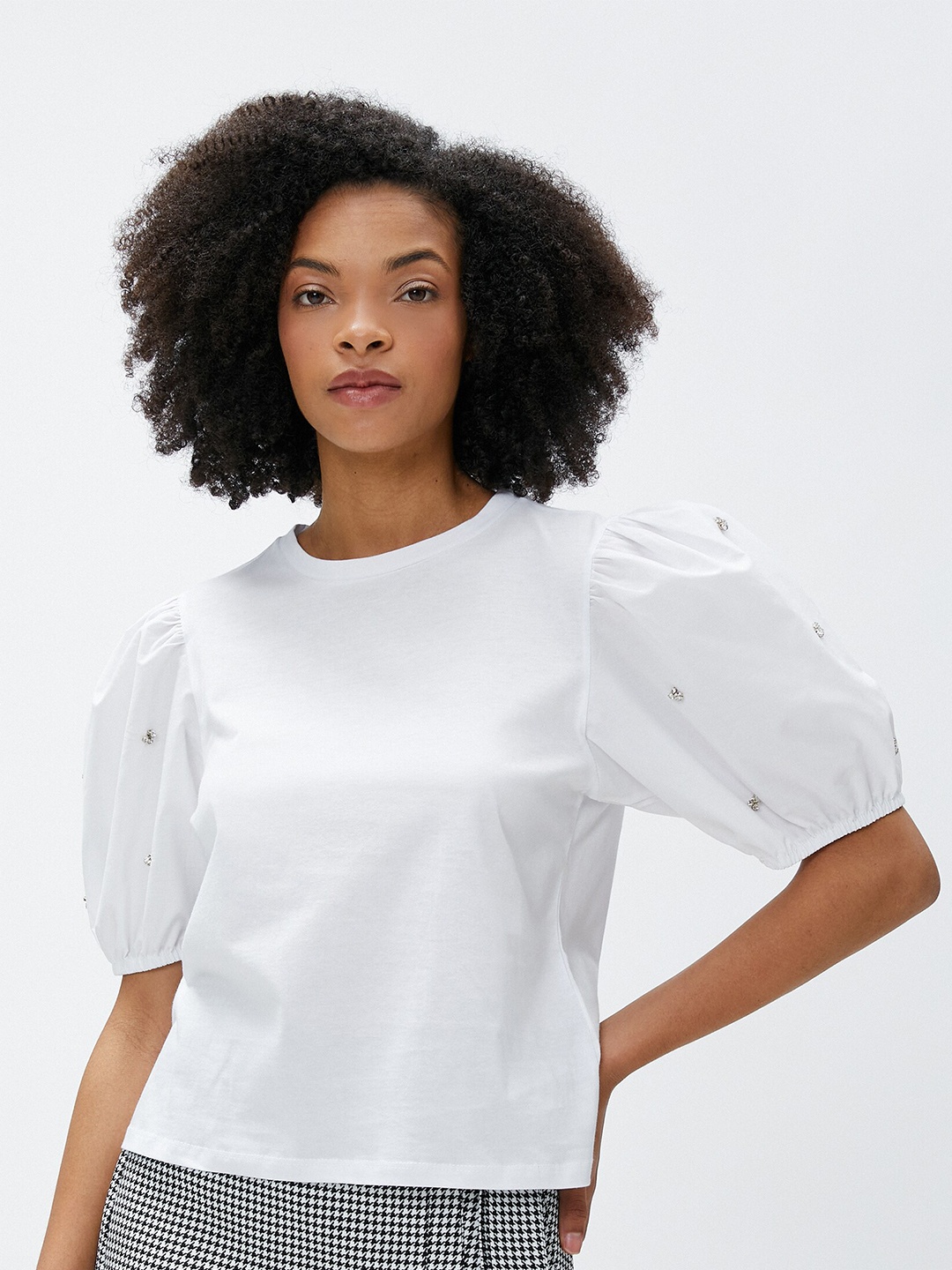 

Koton Round Neck Puff Sleeves Embroidered Cotton Top, White