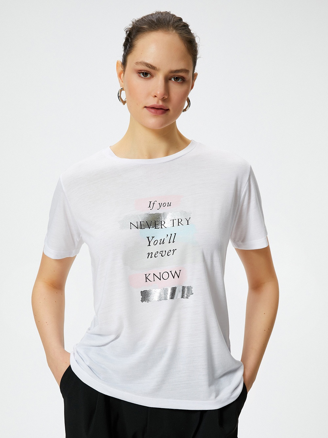 

Koton Typography Printed Round Neck Short Sleeves T-shirt, White