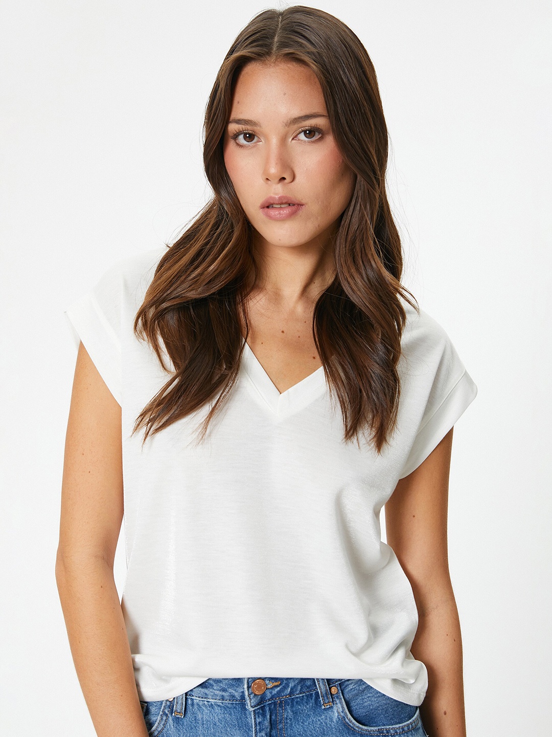 

Koton V-Neck Extended Sleeves Crop T-shirt, White