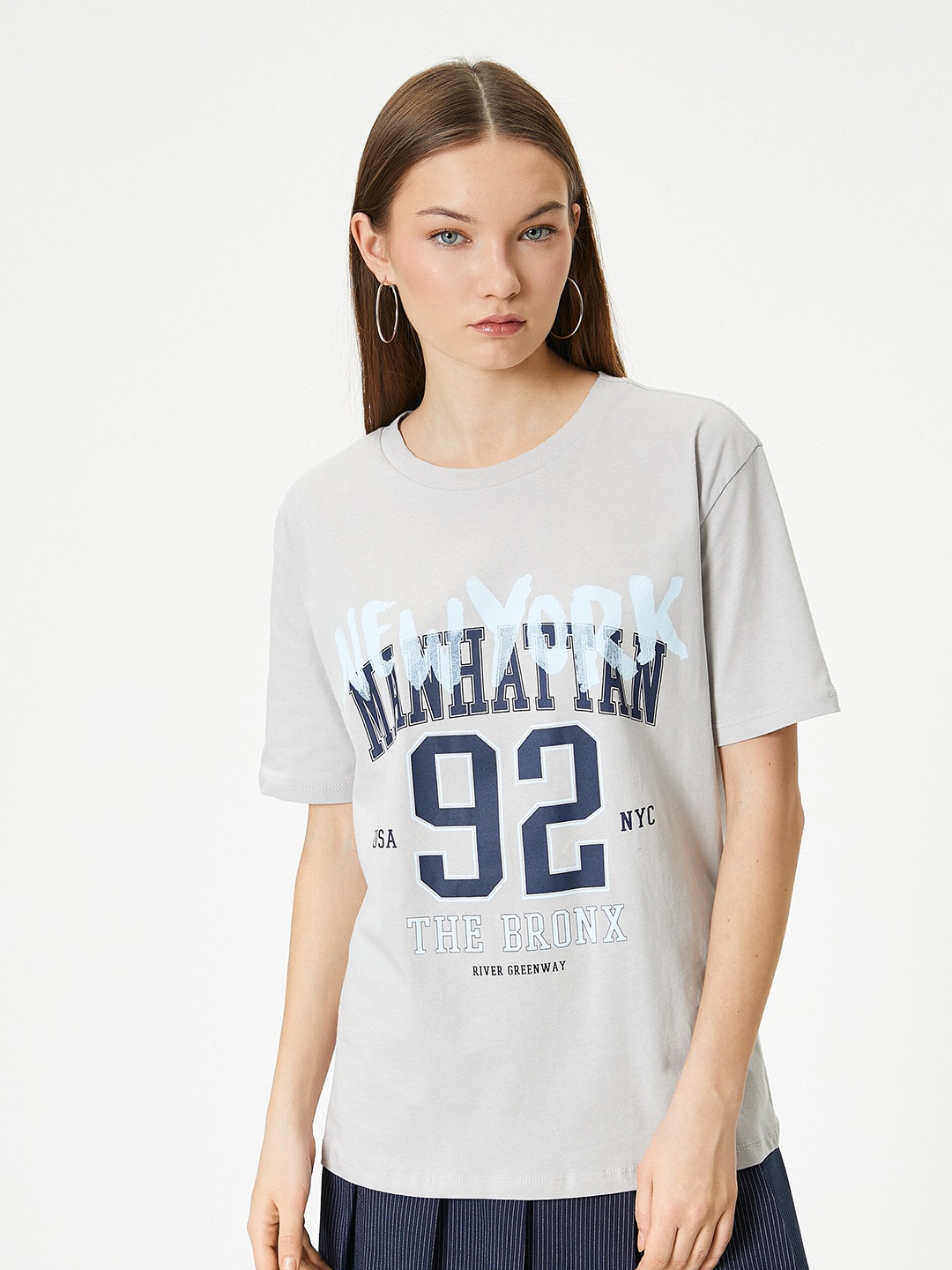 Koton Typography Printed Round Neck Short Sleeves Cotton T-shirt, Grey