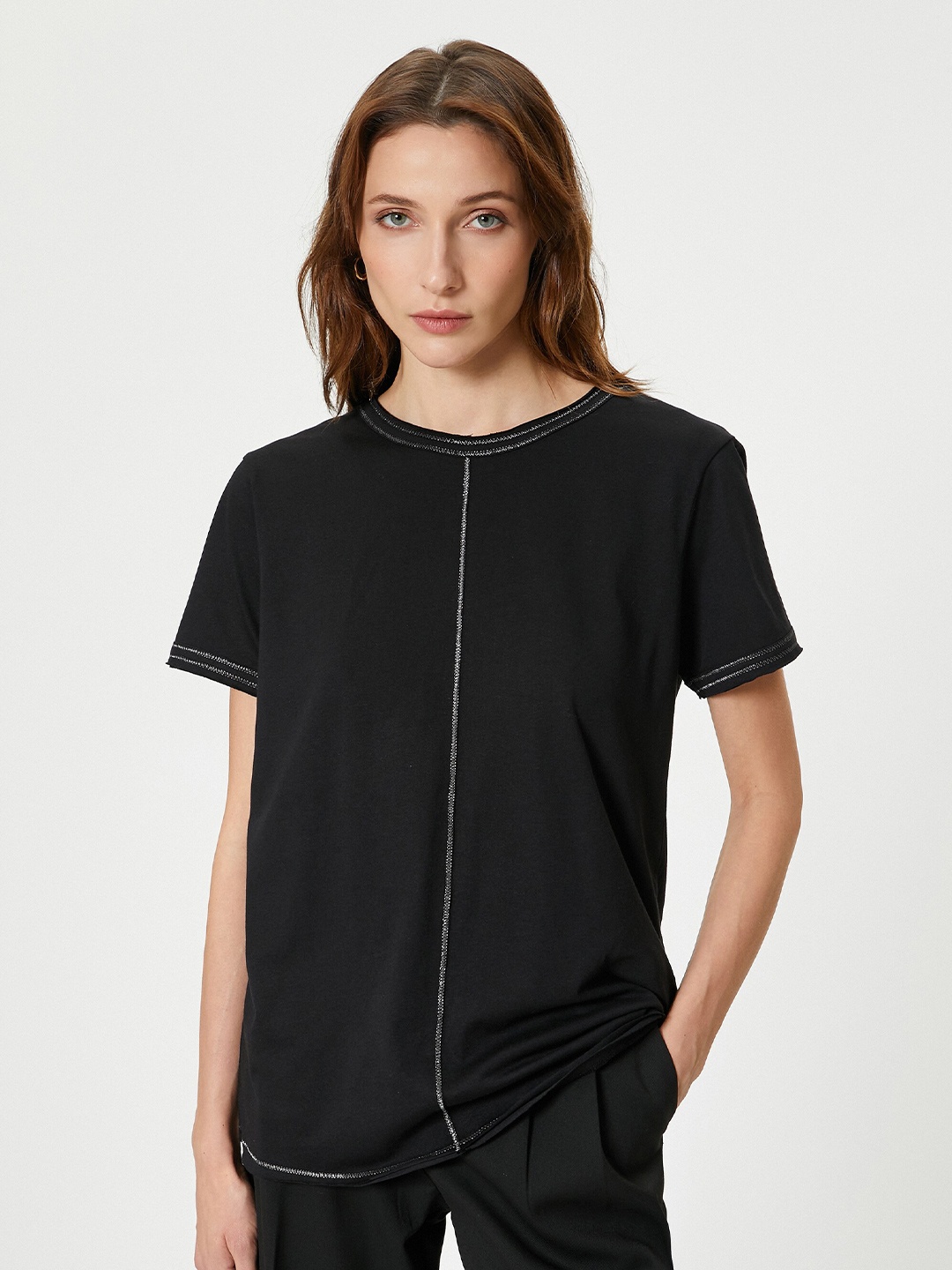 

Koton Cotton Round Neck Knitted T-shirt, Black