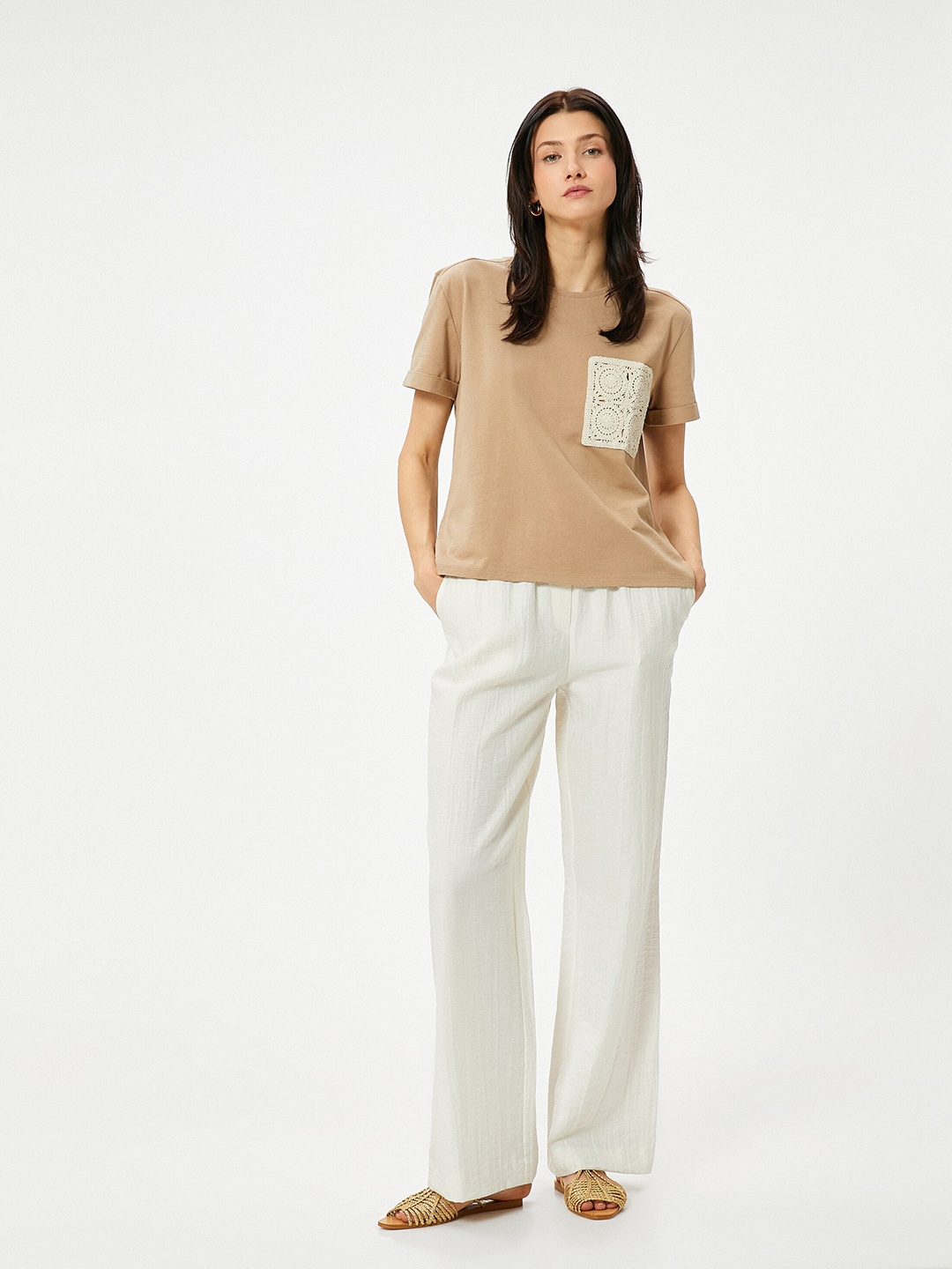 

Koton Round Neck Short Sleeves Cotton T-shirt, Camel brown