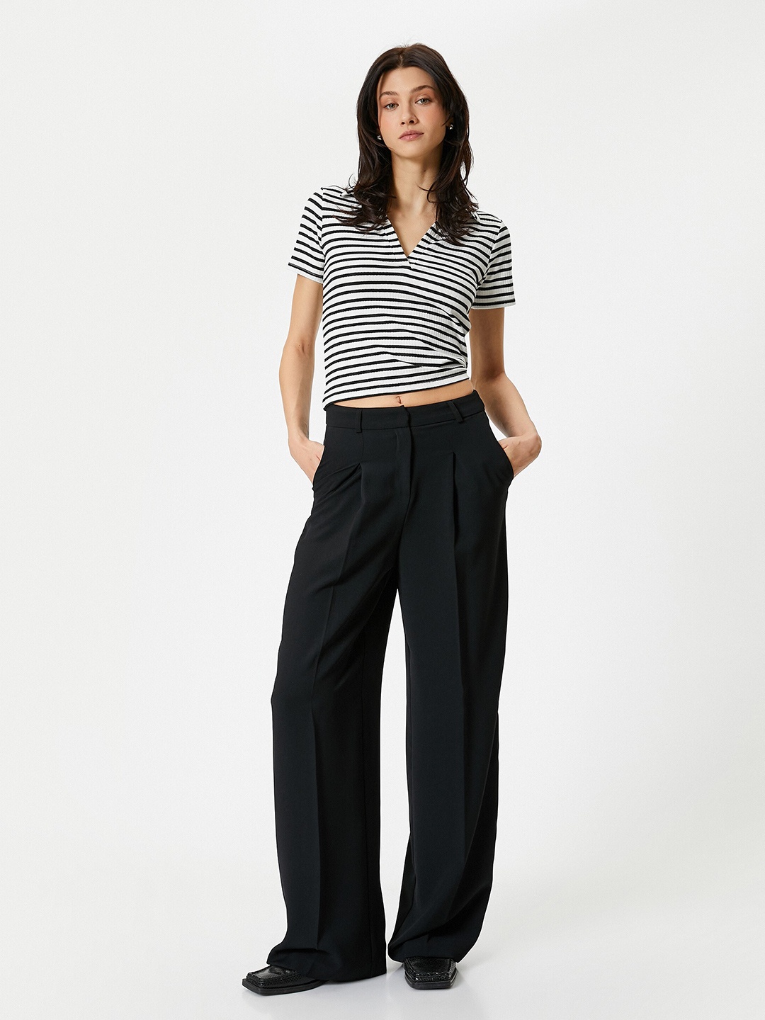 

Koton Striped Polo Collar Short Sleeves Crop T-shirt, Black