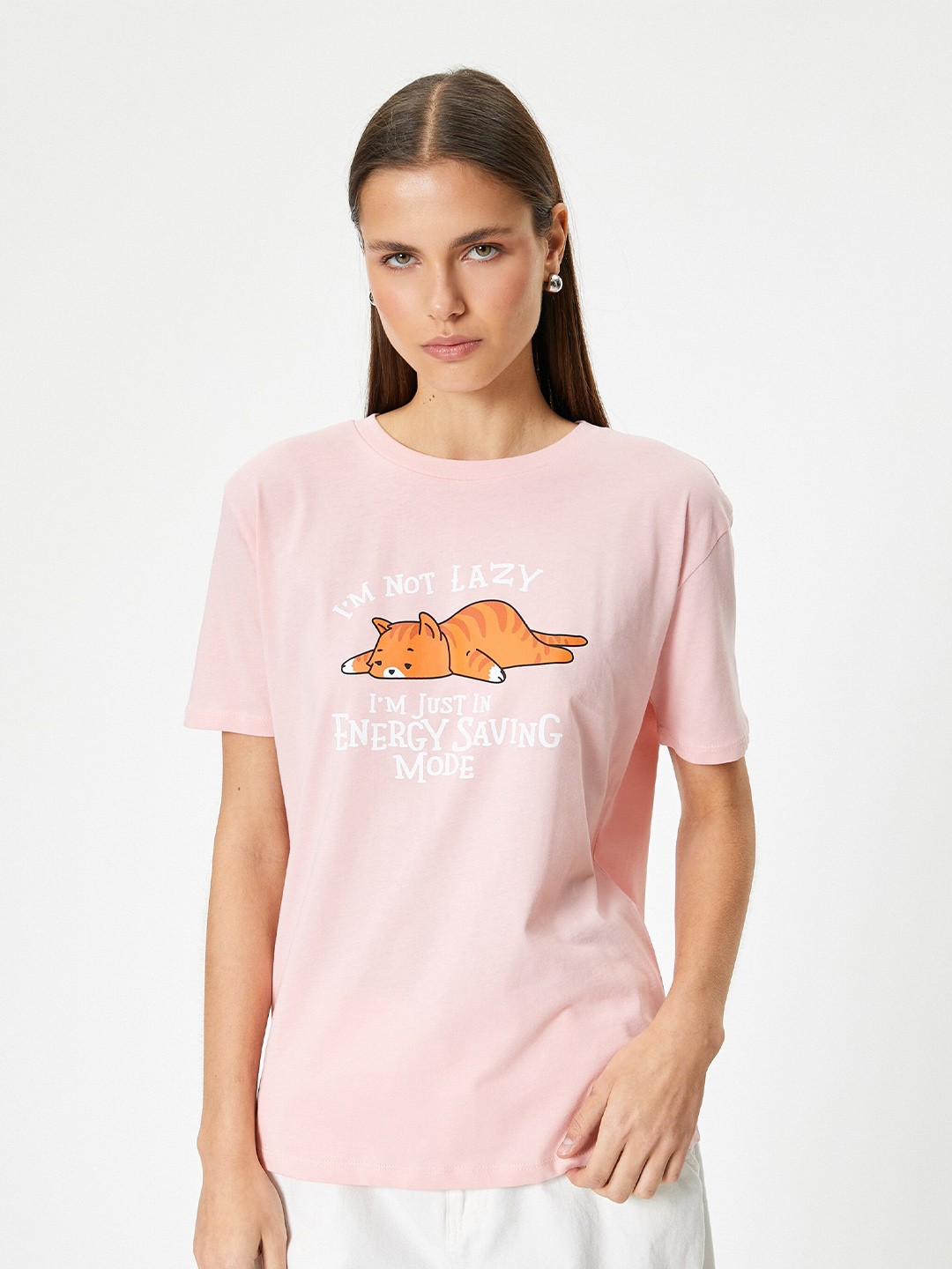 

Koton Round Neck Graphic Printed Cotton Relaxed Fit T-shirt, Pink