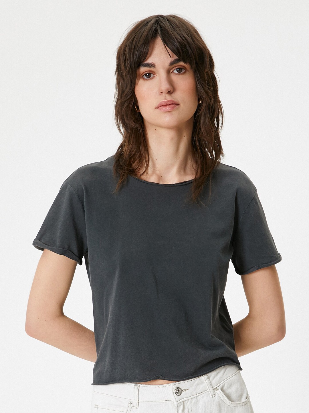 

Koton Round Neck Pure Cotton Crop T-shirt, Grey