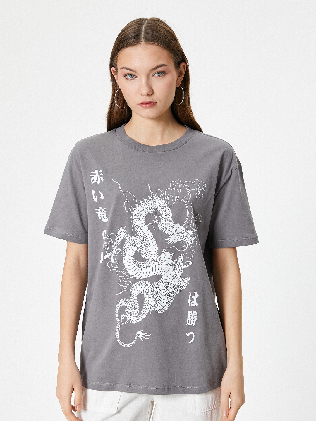 

Koton Round Neck Graphic Printed Cotton Regular Fit T-shirt, Grey