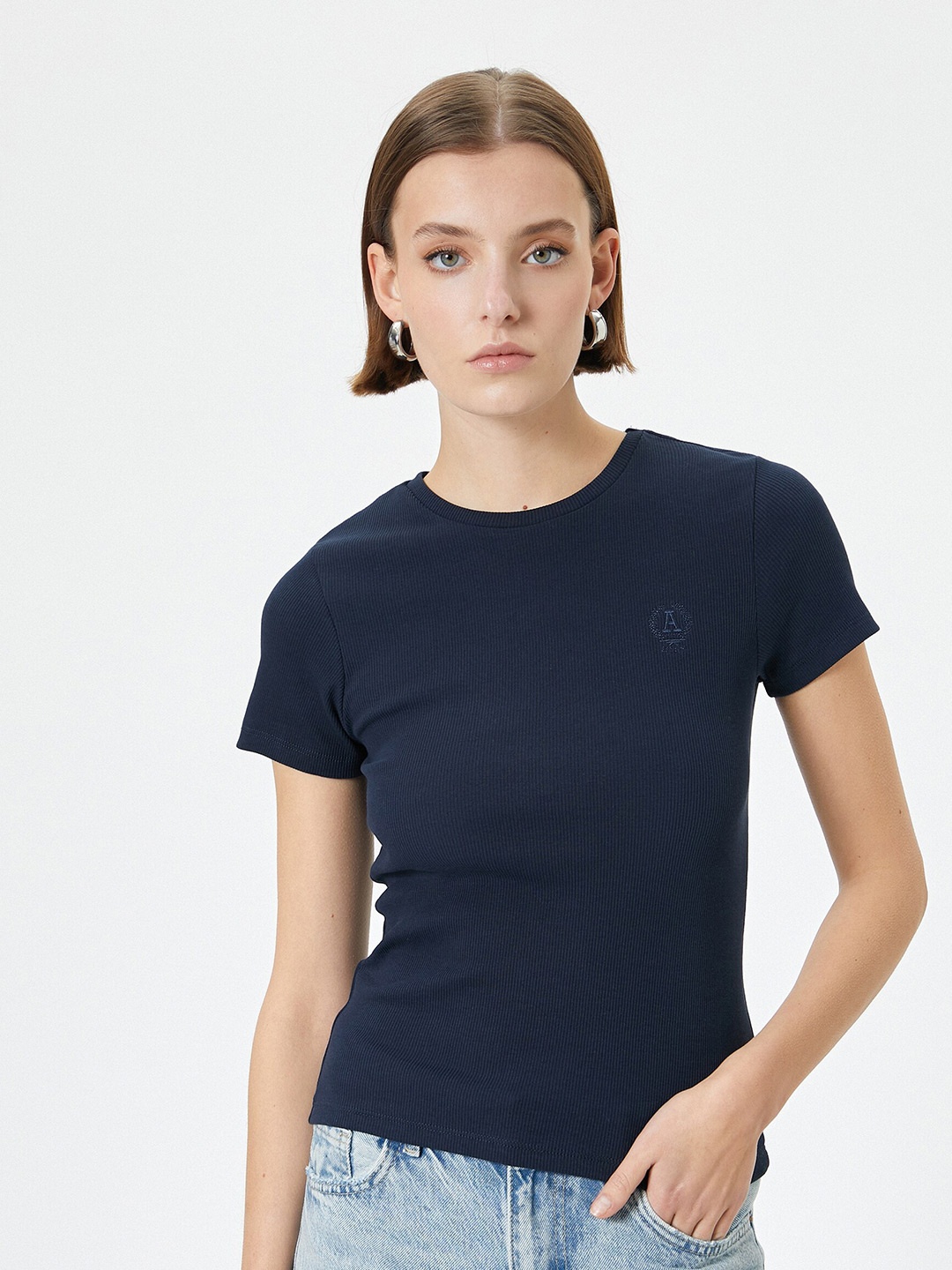 

Koton Ribbed Round Neck Slim Fit T-shirt, Navy blue