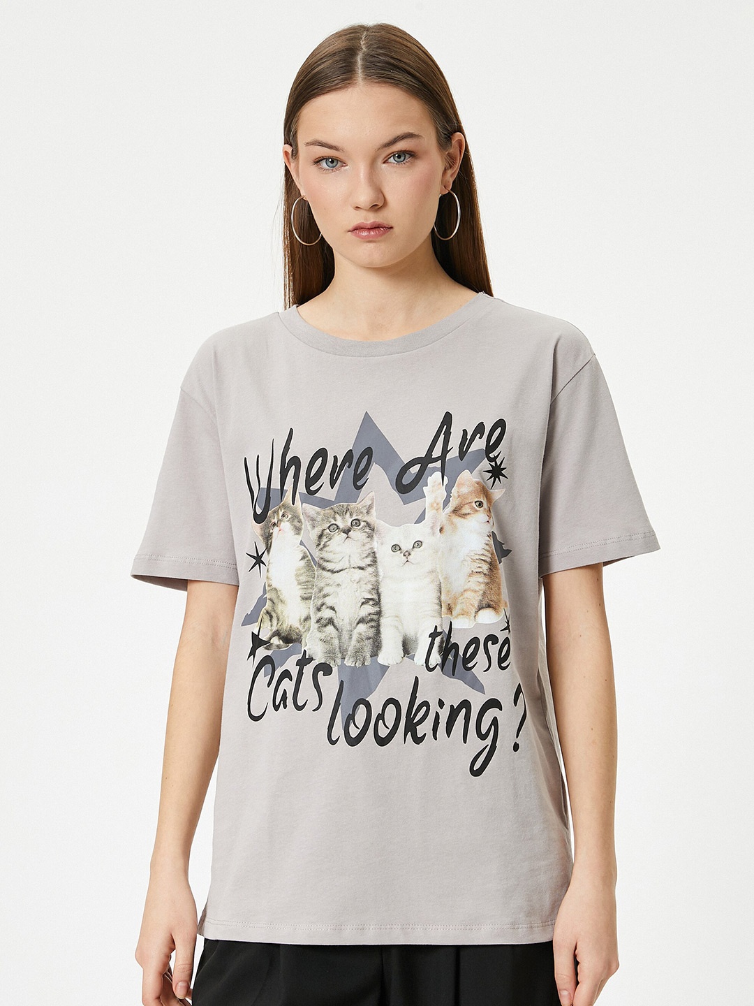 

Koton Graphic Printed Drop-Shoulder Sleeves Cotton T-shirt, Grey
