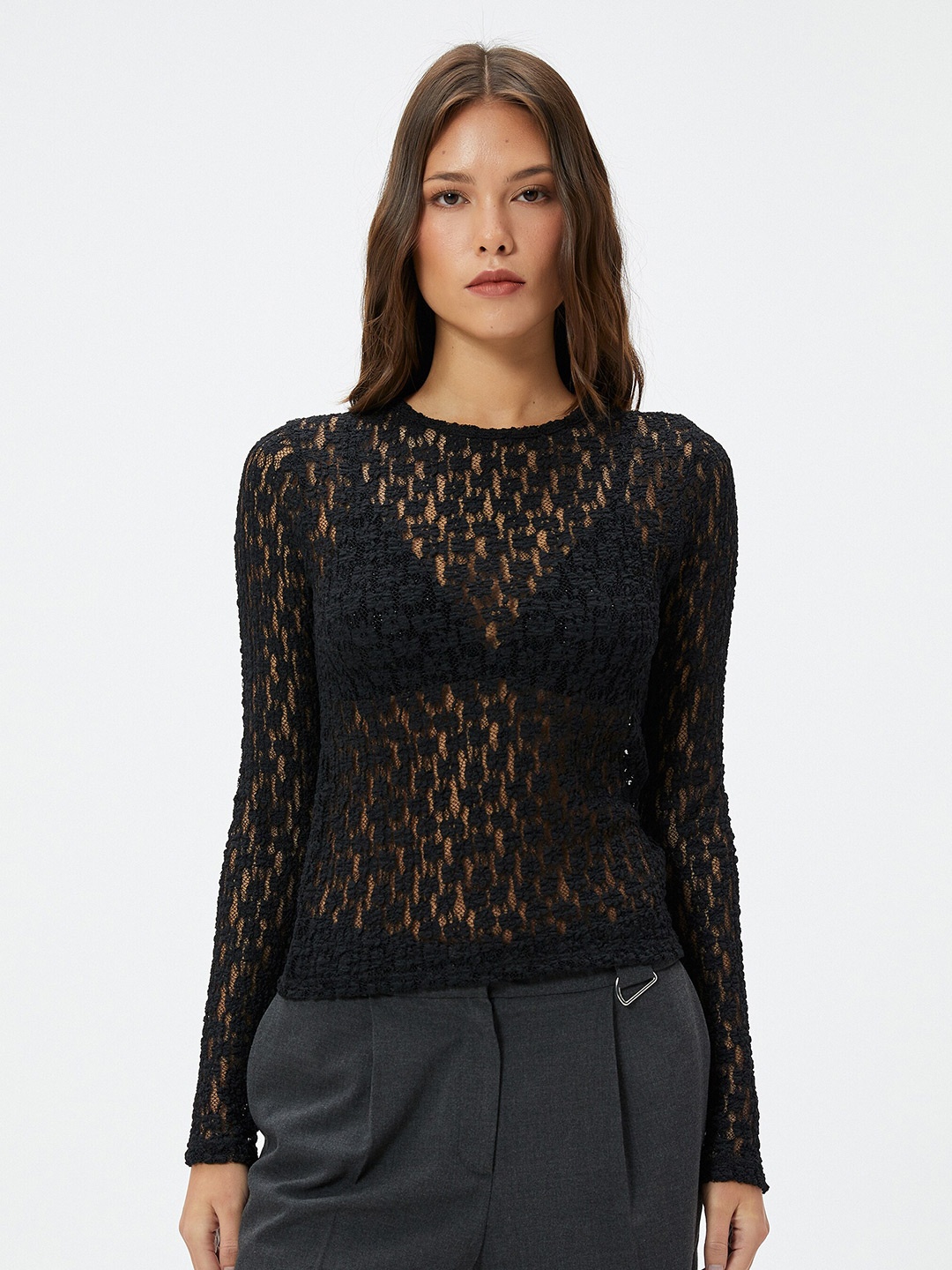 

Koton Self Design Boat Neck Top, Black