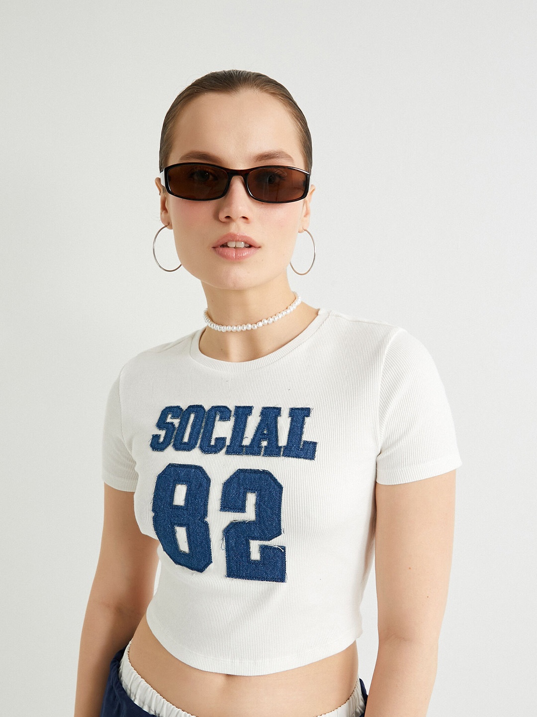 

Koton Typography Printed Round Neck Short Sleeves Crop T-shirt, Beige