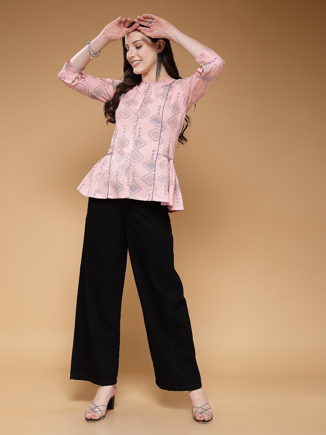 

Indibelle Geometric Print Cotton Shirt Style Top, Pink