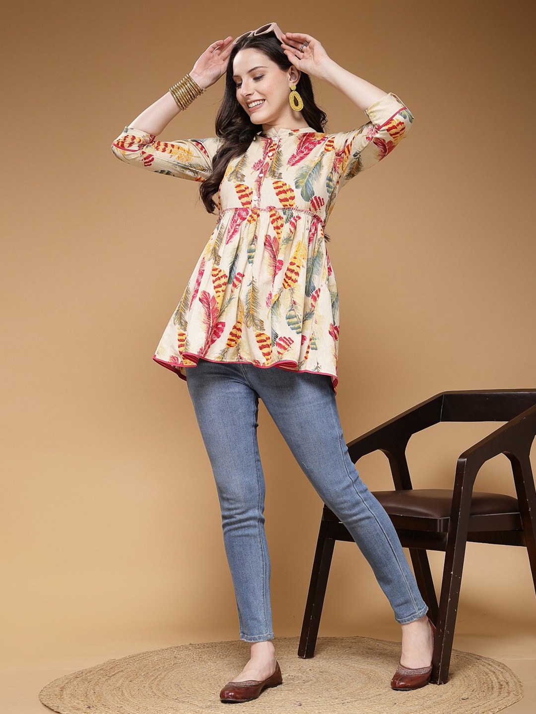 

Indibelle Floral Printed Mandarin Collar Cotton Top, Cream