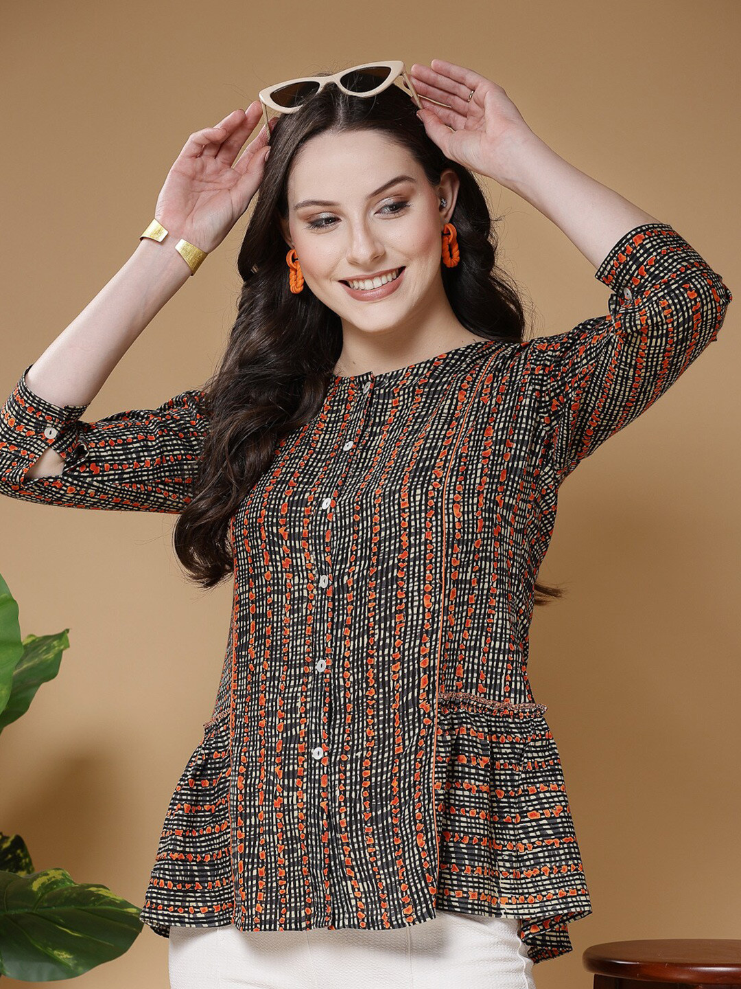 

Indibelle Abstract Printed Shirt Style Top, Black