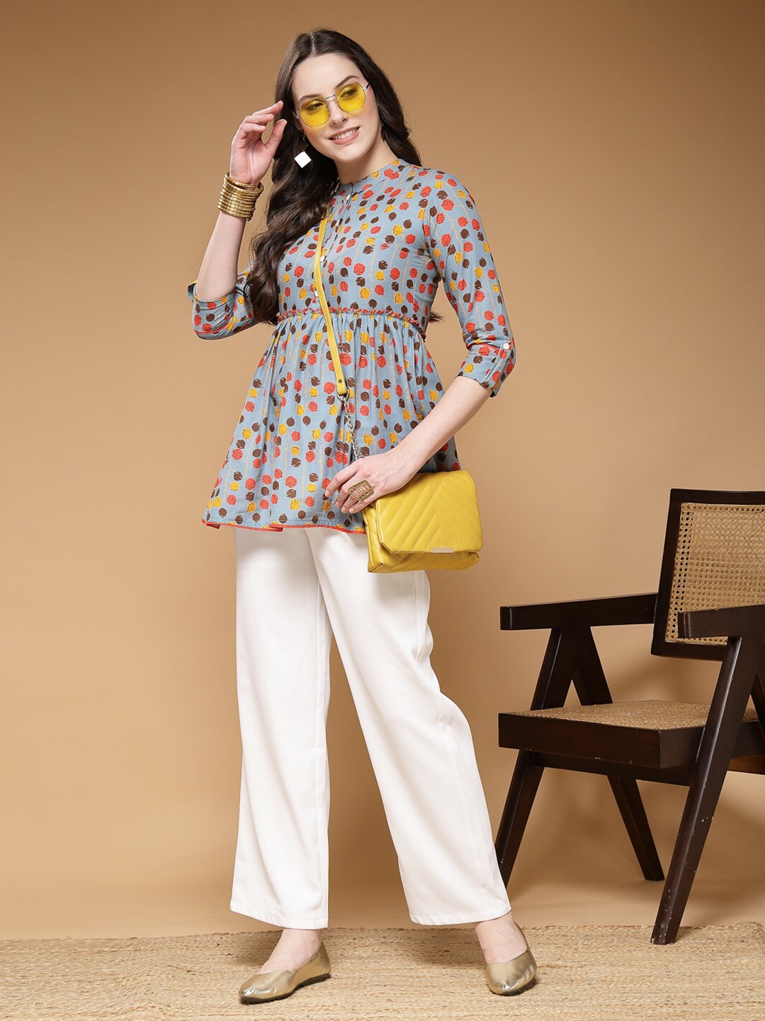 

Indibelle Floral Printed Mandarin Collar Cotton Top, Blue