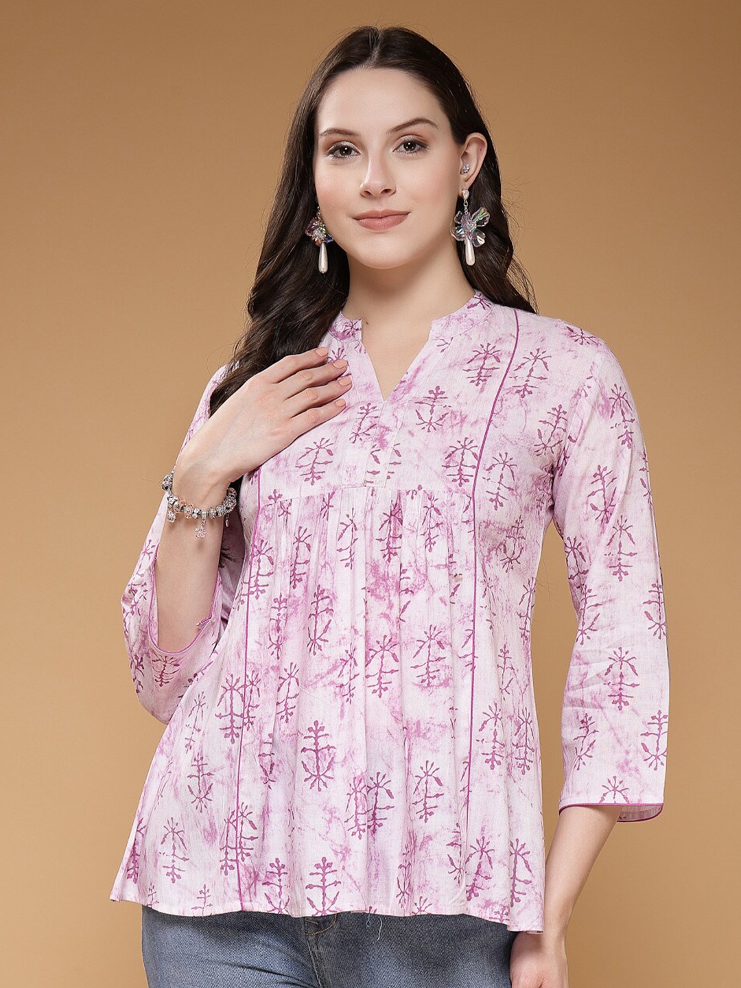 

Indibelle Abstract Print Mandarin Collar A-Line Pleated Top, Purple