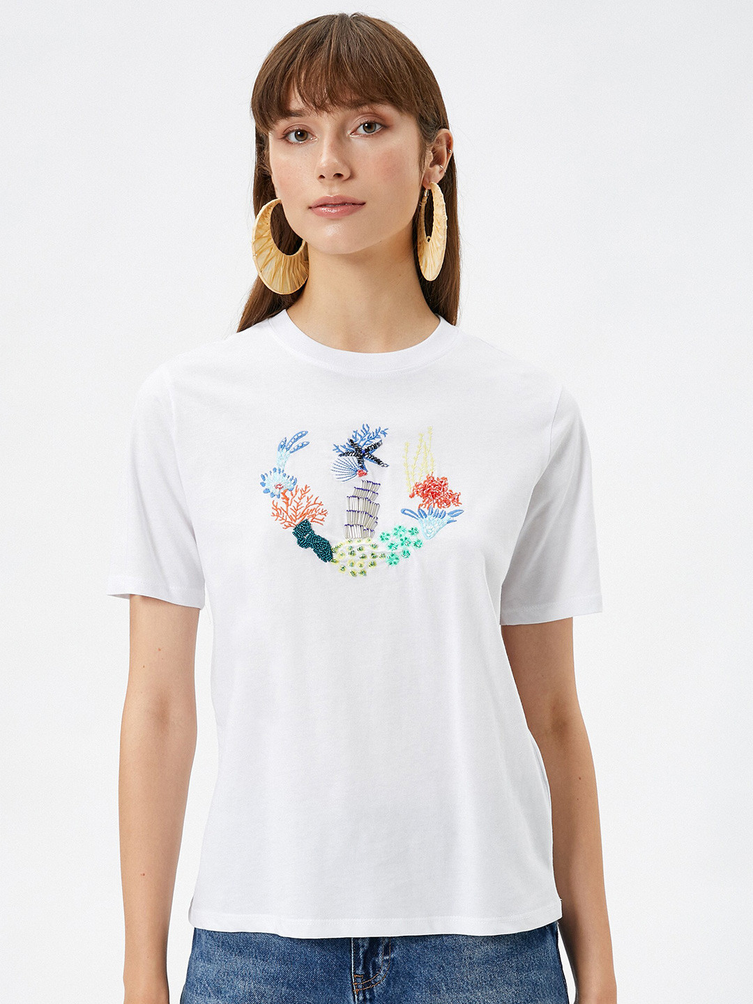

Koton Floral Embellished Pure Cotton T-shirt, White