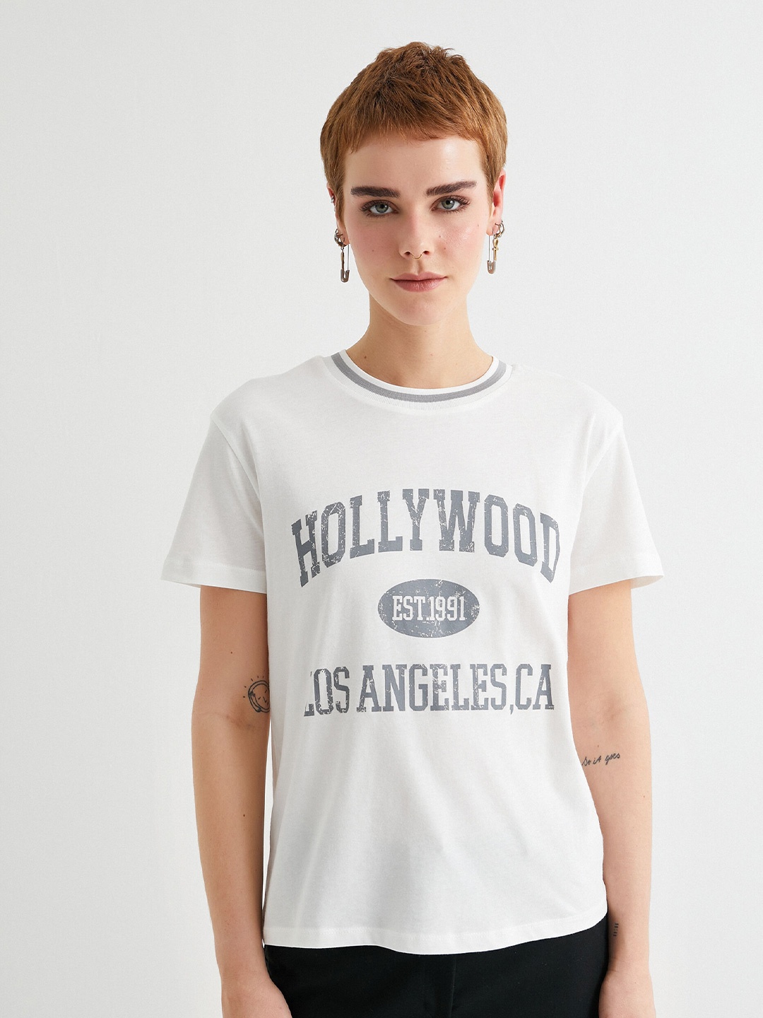 

Koton Typography Printed Round Neck Cotton T-shirt, White