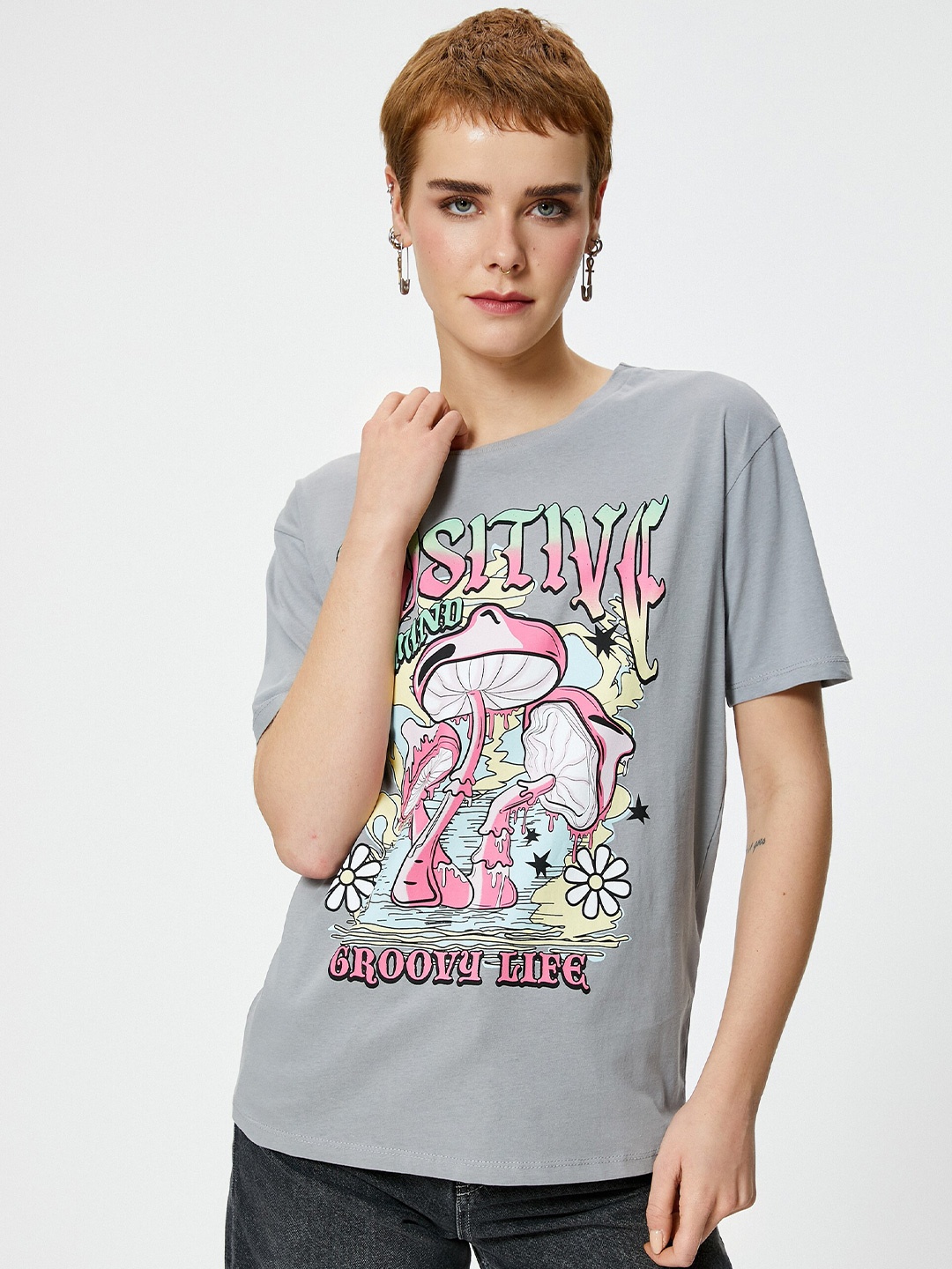 

Koton Graphic Printed Round Neck Short Sleeves Cotton T-shirt, Grey