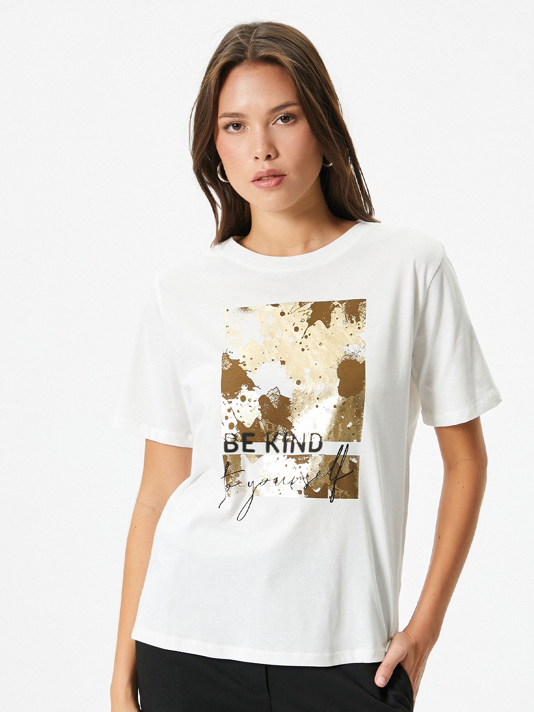 

Koton Typography Printed Round Neck Short Sleeves Cotton T-shirt, White
