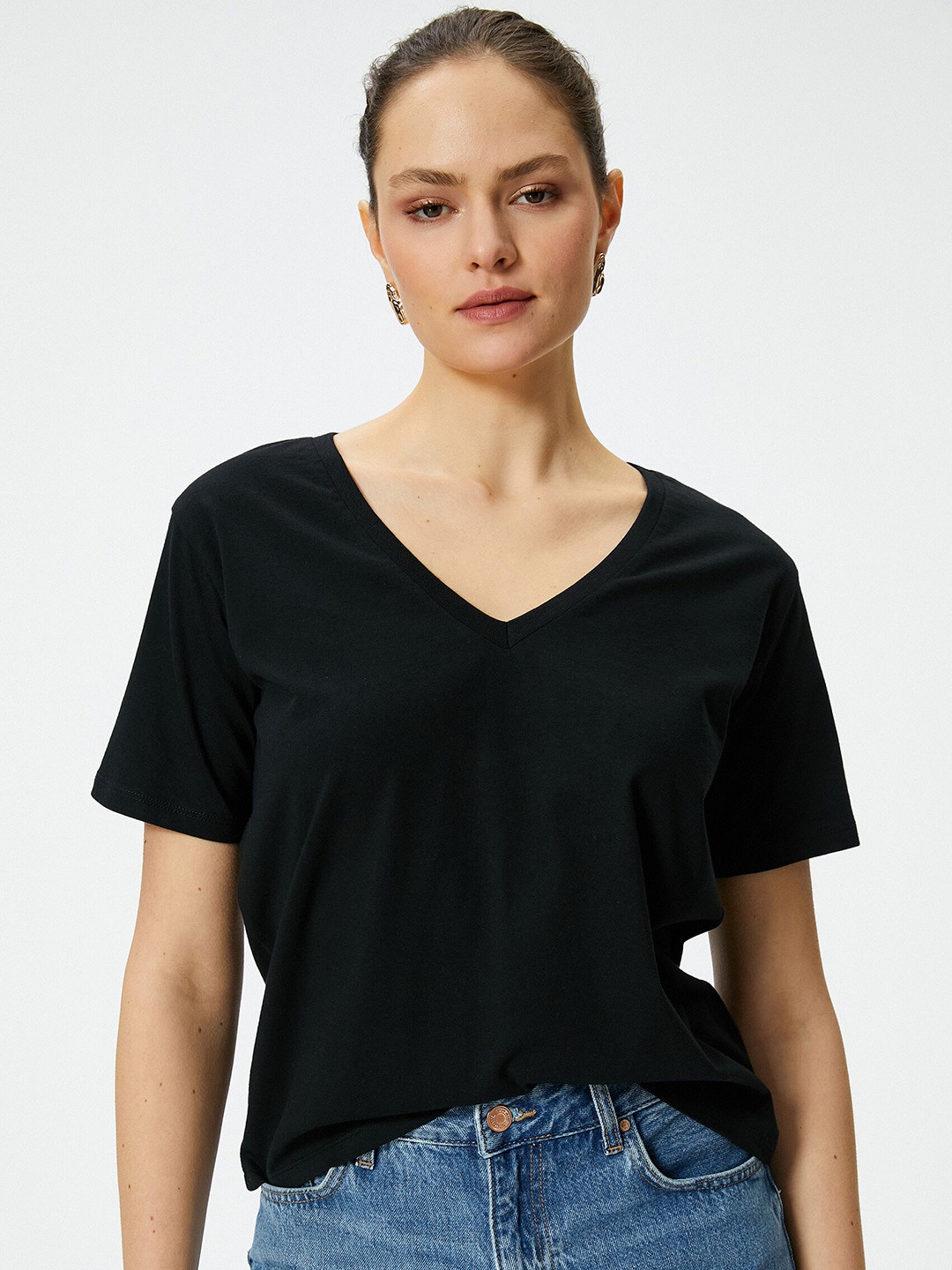 

Koton V-Neck Half Sleeves Regular Fit Cotton T-shirt, Black