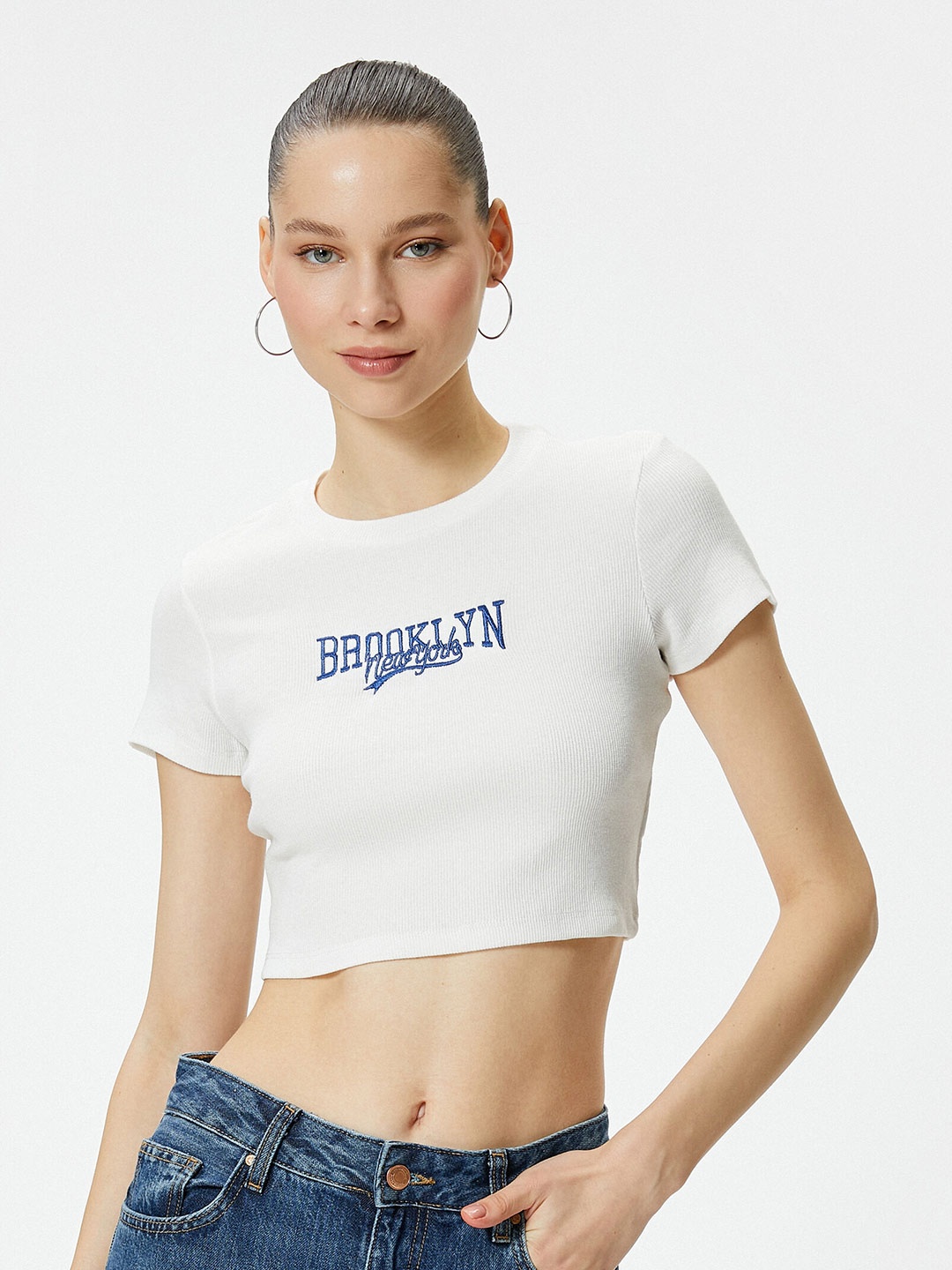 

Koton Typography Printed Round Neck Short Sleeves Crop T-shirt, Beige