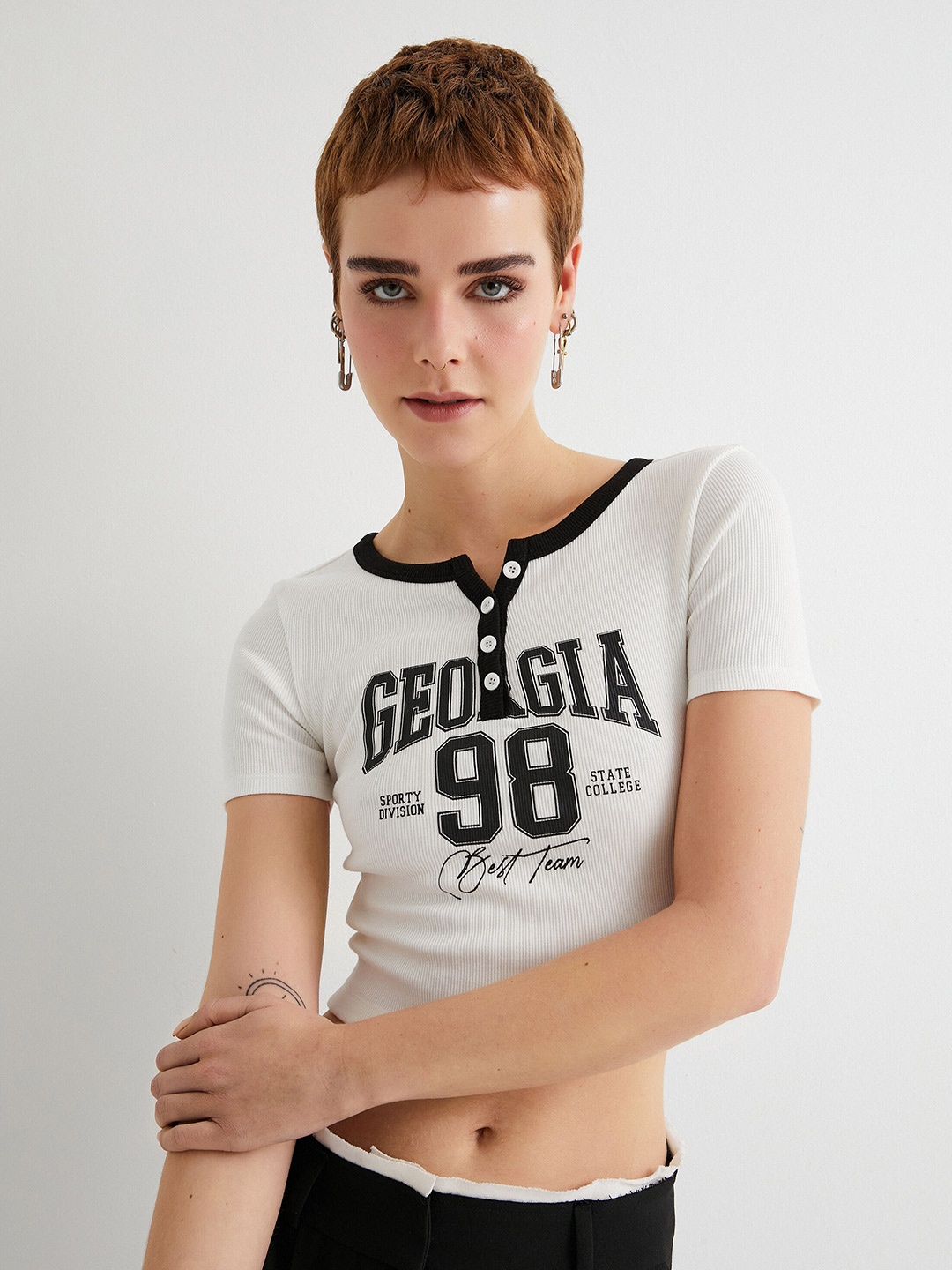

Koton Typography Printed Round Neck Short Sleeves Crop T-shirt, Beige